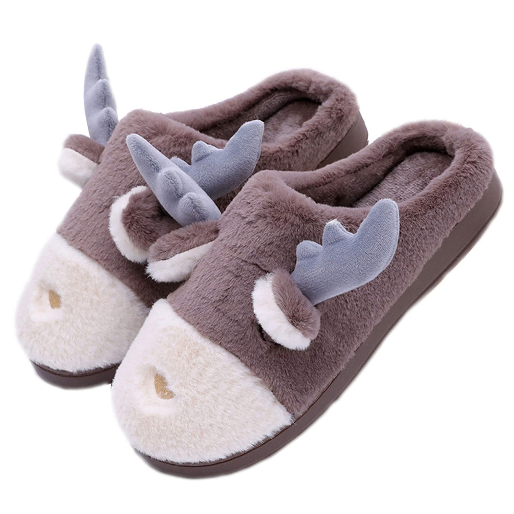 Women's Cute Elk Slippers - Cartoon Animal Fuzzy House Shoes for Winter - Warm & Cozy Furry Indoor Slippers for Home, Lounge & Relaxation