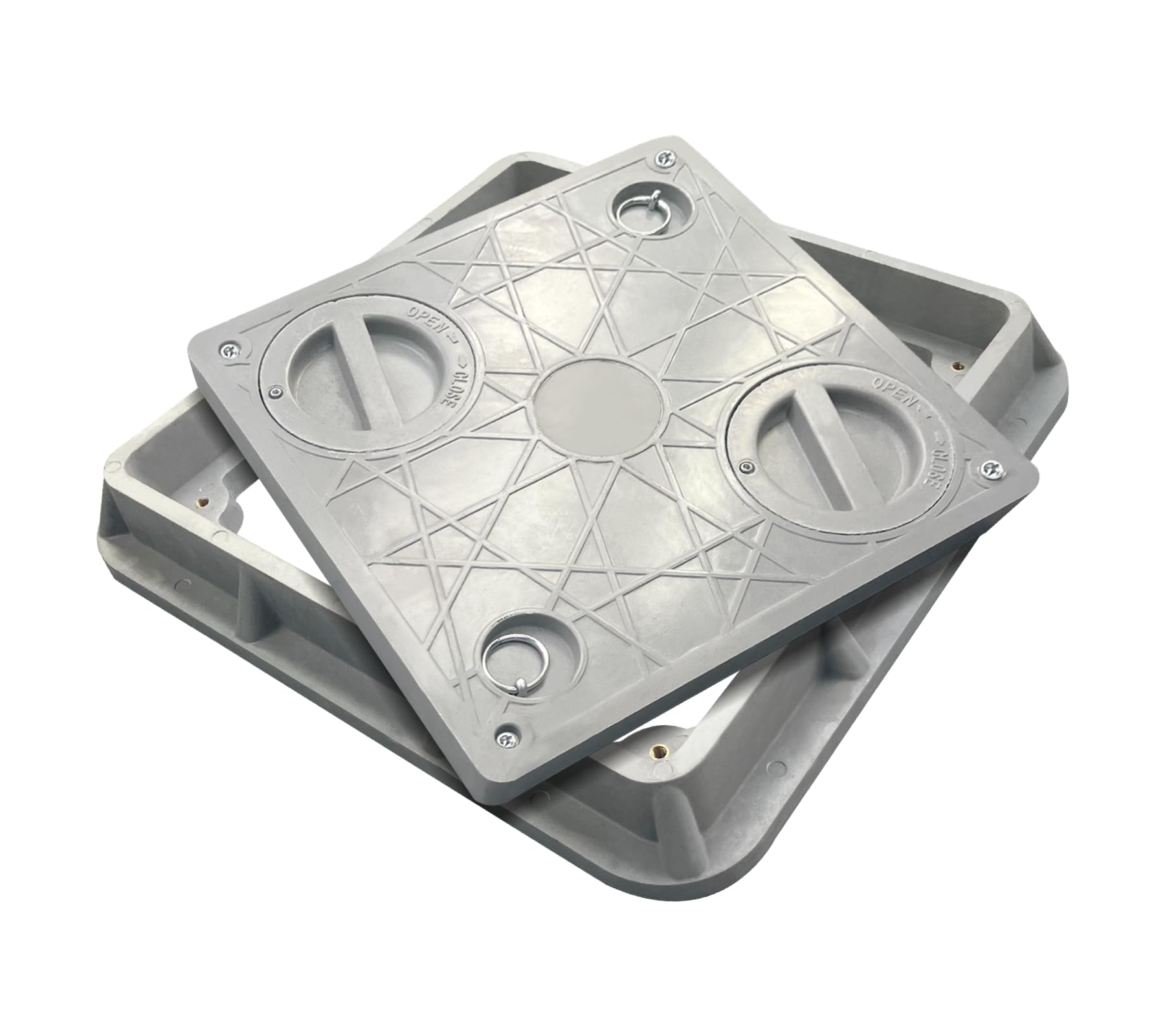 20x20in Lockable Anti-Theft FRP Manhole Cover with 2 Pipe Holes - 24x24in Reinforced Steel Sewer Cover Frame - Non-Slip Recessed Square Septic Tank Lid with Handles for Underground Utility Access, Drainage Systems & Stormwater Management