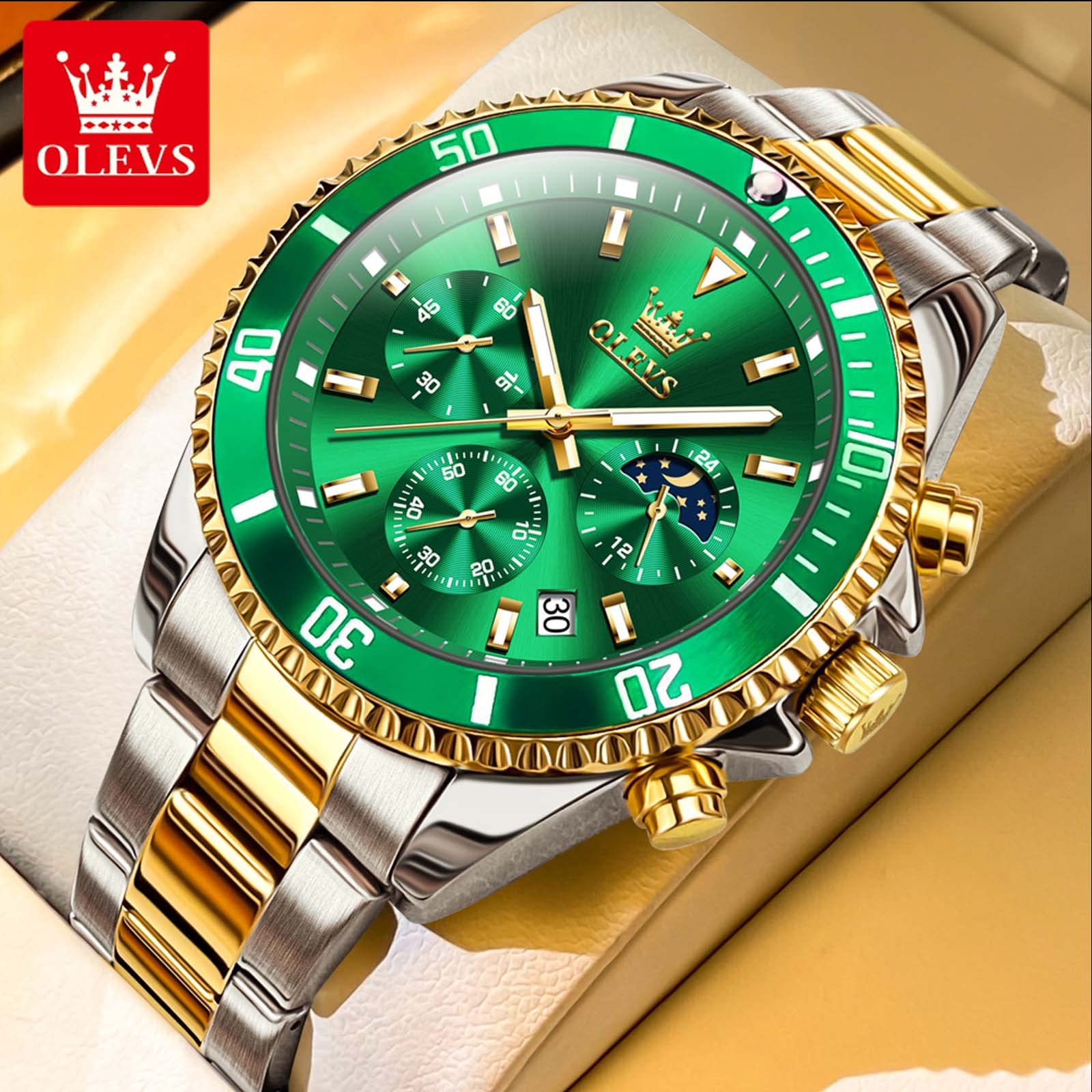 OLEVS Men's Luxury Stainless Steel Analog Quartz Watch - Big Dial, Waterproof, Luminous, Rotatable Bezel - Classic Business Wristwatch for Professional & Formal Occasions