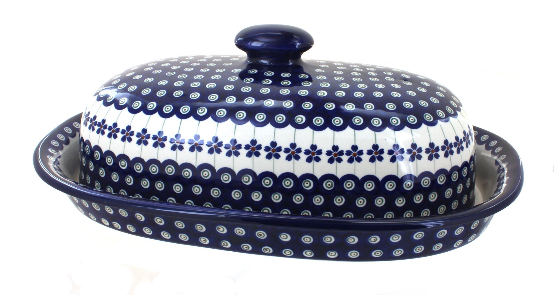 Handmade Blue Rose Polish Pottery Peacock Bread Box - Vintage Ceramic Storage Container for Bread, Cookies & Pastries - Perfect for Kitchen, Dining Table & Country Farmhouse Decor