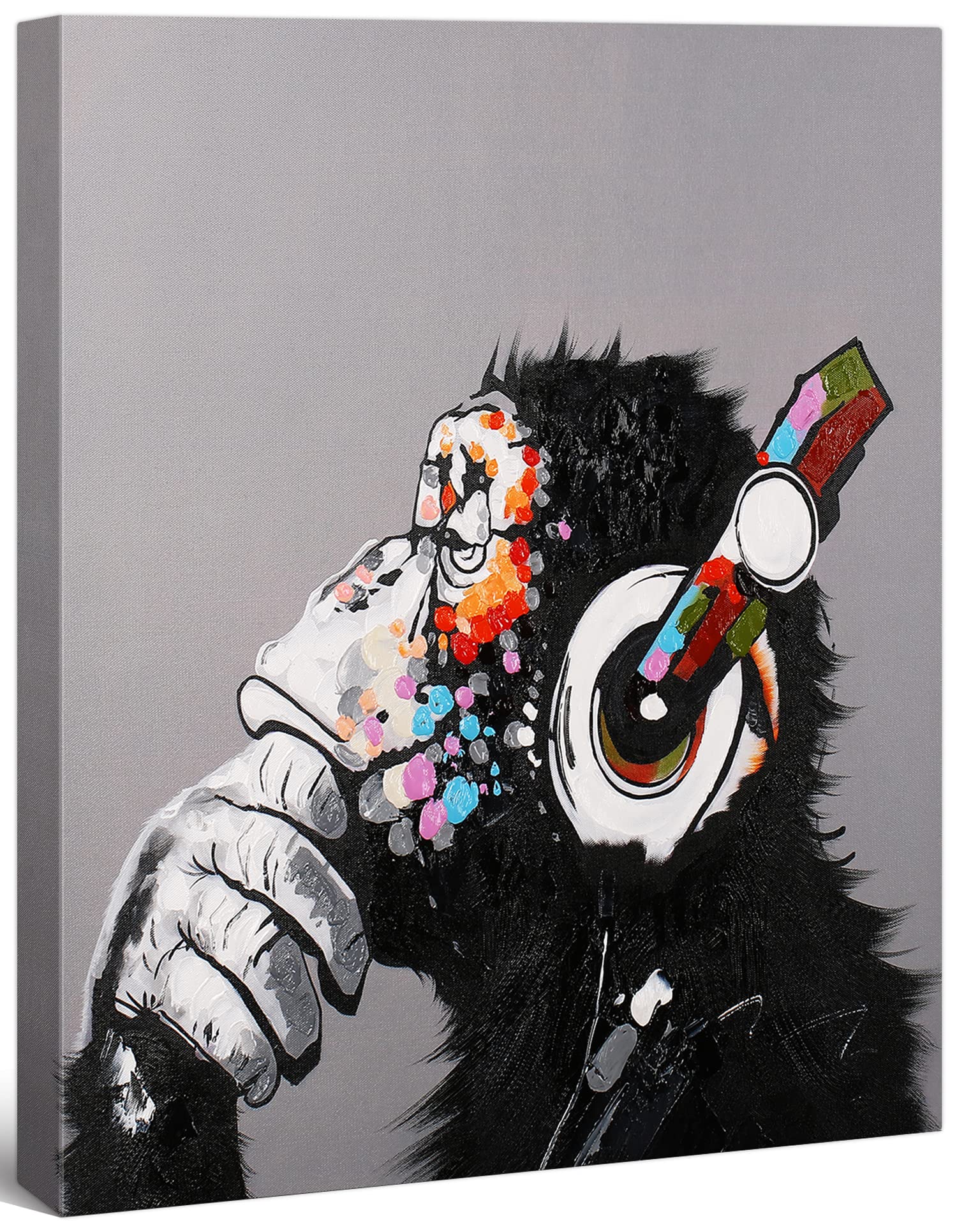 Modern Pop Art Framed Canvas Print - Thinking Monkey With Headphones Wall Decor for Living Room, Bedroom & Office - 7x9 Inches Gallery Wrapped Artwork - Perfect Gift for Music Lovers & Art Enthusiasts