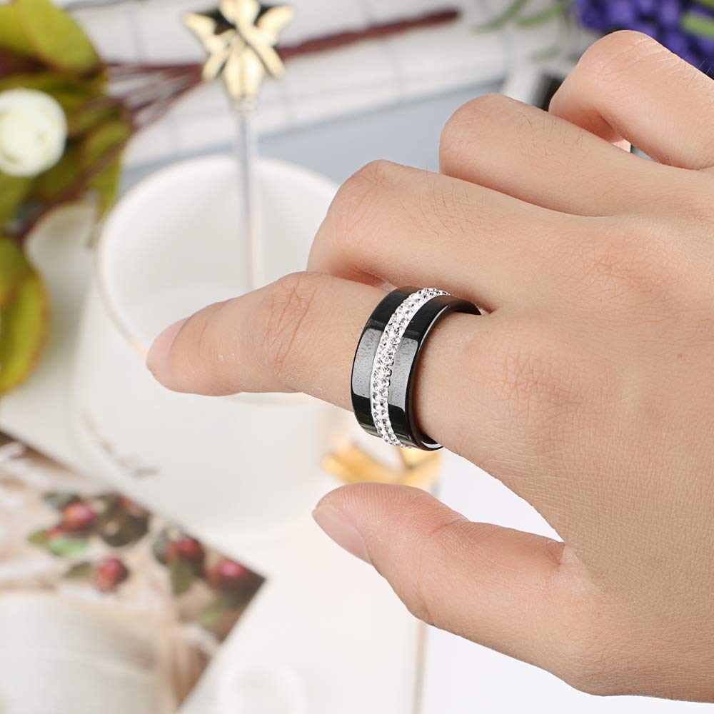 10MM Wide Two Row Crystal Women's Rings - Smooth Black & White Ceramic Wedding Bands, Fashion Jewelry for Brides, Engagement, Anniversary & Everyday Wear