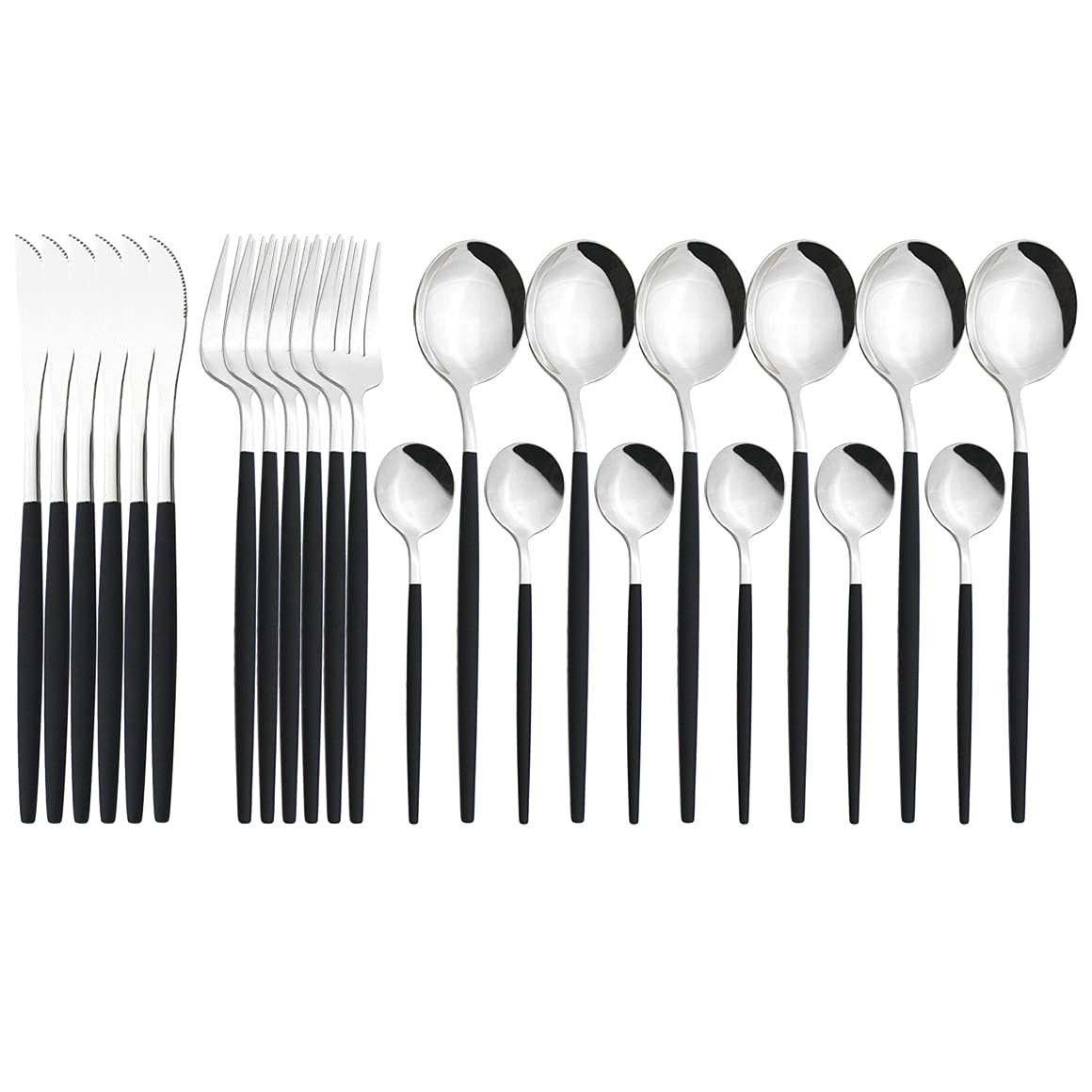 24-Piece Stainless Steel Flatware Set - Gold & Black Silver Cutlery Set with Dinner Knives, Forks & Coffee Spoons | Elegant Tableware for Restaurants, Weddings & Home Dining