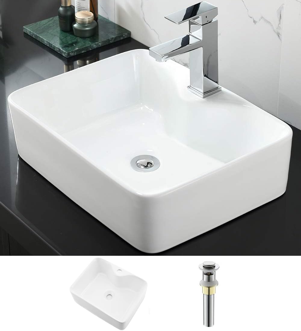 White Porcelain Vessel Sink 19x15 - Rectangular Bathroom Vanity Sink for Countertop