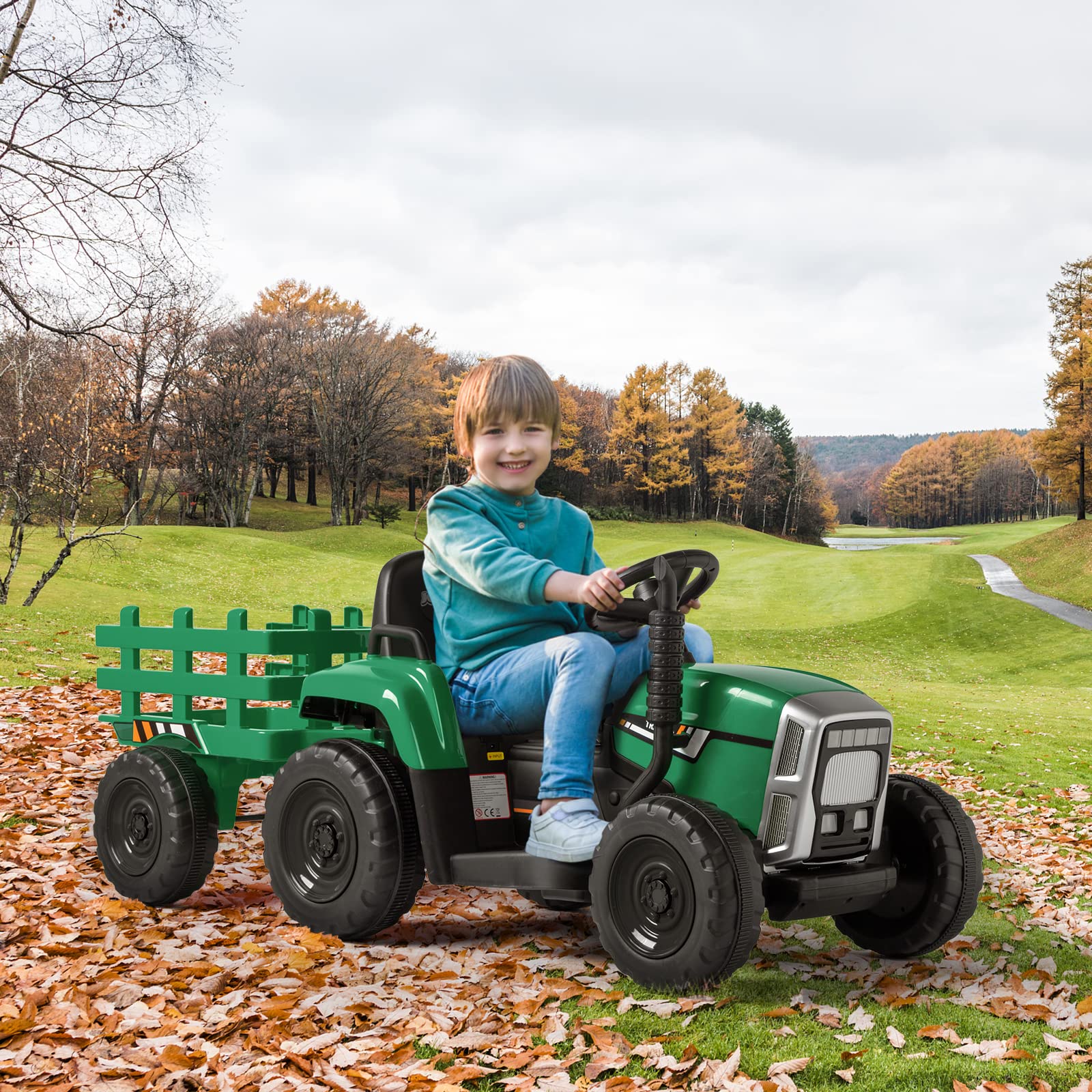 12V Kids Ride-On Tractor with 2.4G Remote Control - Electric Toy Tractor with Trailer, LED Lights & Music - Safe Toddler Vehicle with Seat Belt - Green Outdoor Play Toy for Boys & Girls - Perfect for Backyard, Farm & Garden Pretend Play