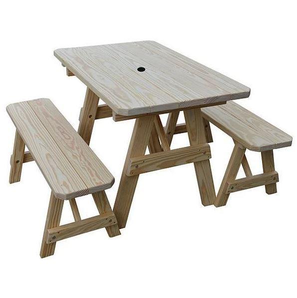 Unfinished Yellow Pine Traditional Dining Table with 2 Benches - Rustic Farmhouse Kitchen & Dining Room Furniture Set for Country Style Homes