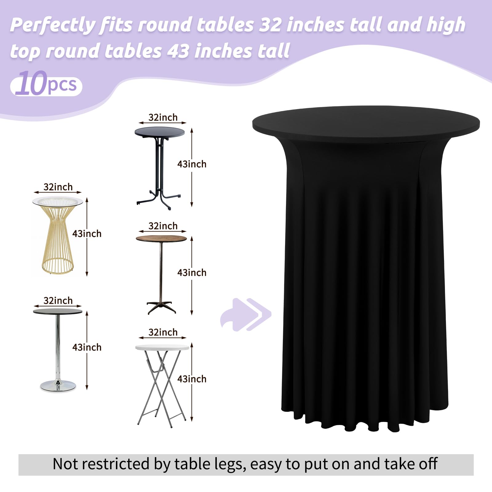 10 Pack Black Spandex Stretch Cocktail Table Skirts 32