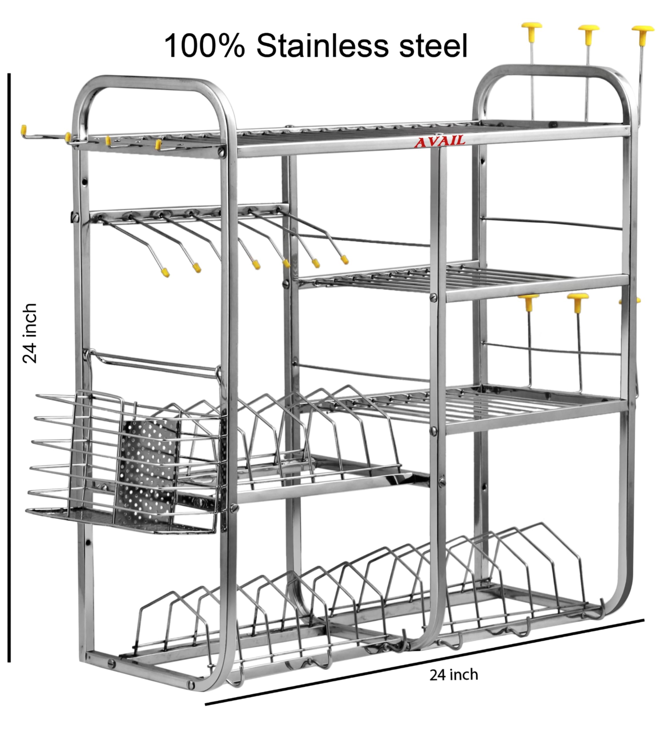 Stainless Steel Wall Mount Dish Rack - Modern Cutlery Storage Organizer with Plate Holder | 24x24 Inch Kitchen Shelves for Utensil & Dish Drying | Perfect for Small Kitchens, Apartments & RV Use