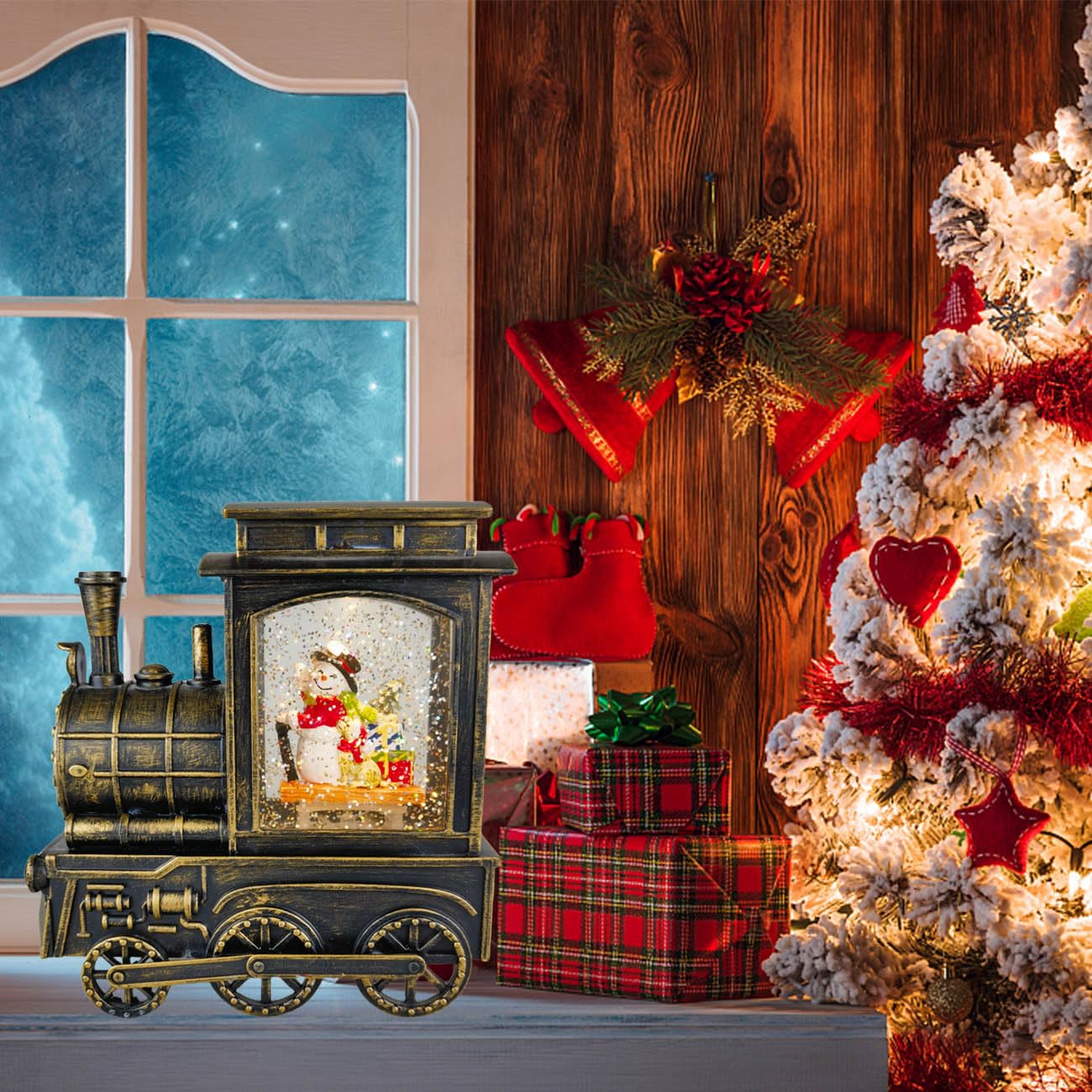 Charming Singing Snowman Family Snow Globe Lantern with Timer & Glittering Snow Effect - Bronze Train Design | Battery/USB Powered | Perfect for Christmas Decor, Gift Giving & Holiday Home Décor
