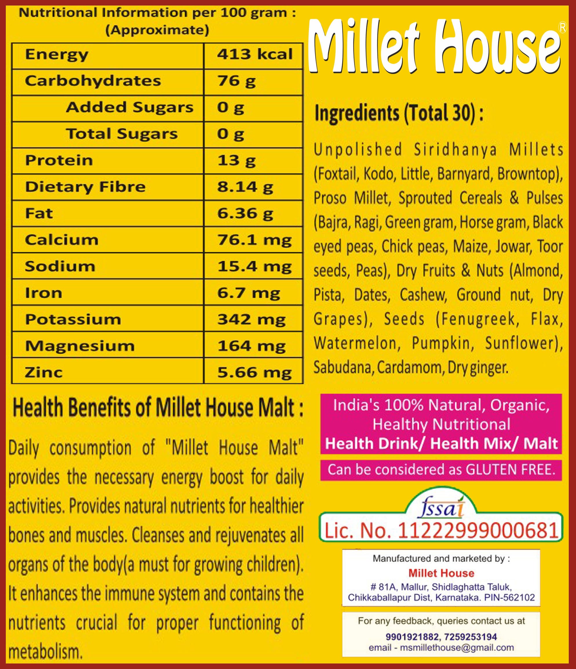 Organic Sprouted Siridhanya Millet Malt Powder 500g - 30 Natural Ingredients, Chemical-Free, Certified Healthy Millet Drink Mix | Traditional Ayurvedic Superfood for Weight Loss, Digestion & Immunity Boost | Perfect for Smoothies, Breakfast Bowls & Healthy Snacks