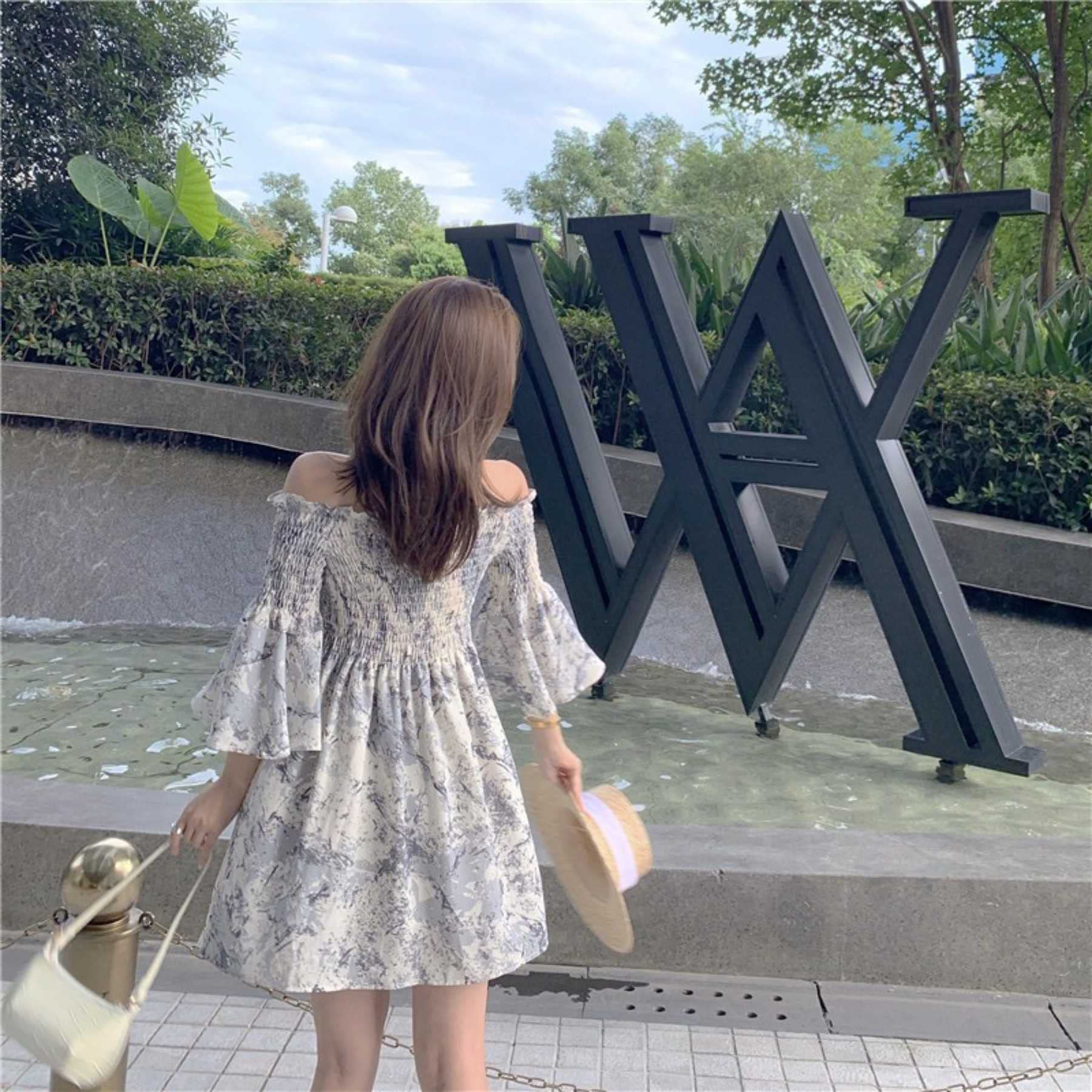 AONUOWE Women's Floral Print Off Shoulder Dress - High Waist Summer Casual Dress for Beach, Vacation & Date Night | Aesthetic Fashion
