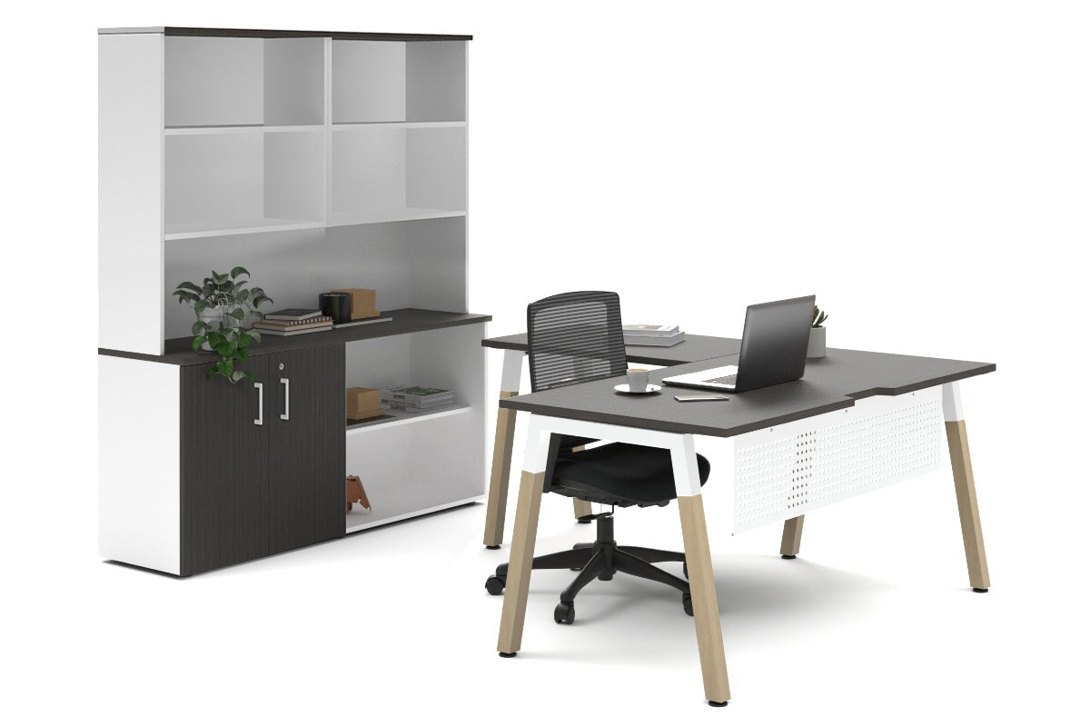 Premium L-Shaped Quadro A Legs Executive Desk with Wooden Legs & White Cross Beam - 1800L x 1800W with Cable Management Scallop - Perfect for Home Office, Corporate Workspace & Modern Study Room