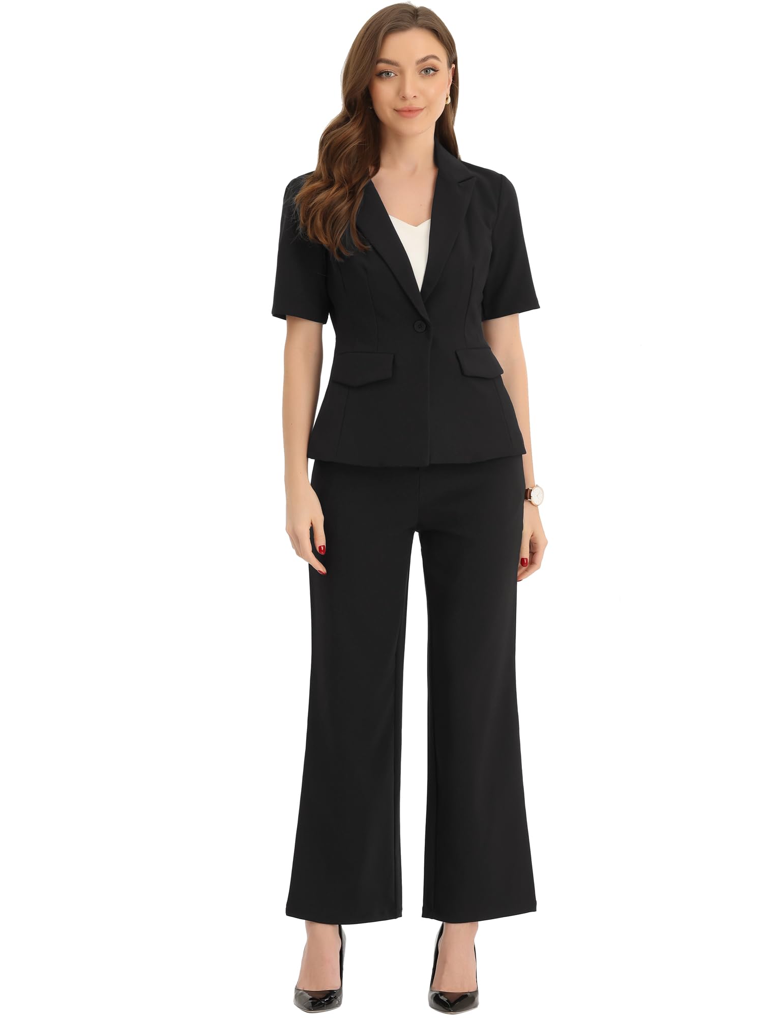 Allegra K Women's Short Sleeve Blazer & Pant Suit Set - 2 Piece Business Casual Work Outfit for Office, Meetings & Professional Events