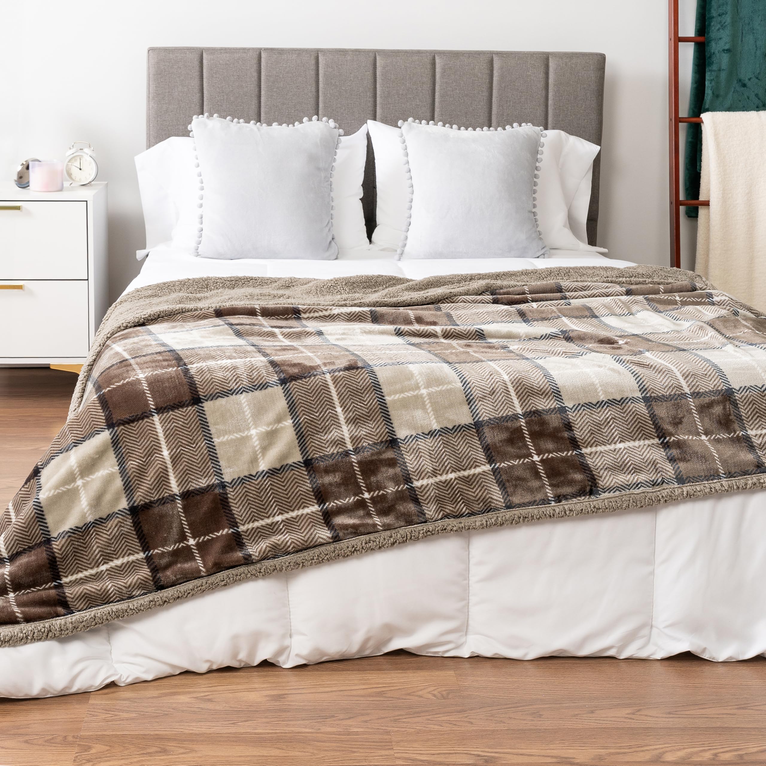 PAVILIA Taupe Plaid Sherpa Throw Blanket - 60x80 Inches Soft Fuzzy Fleece Blanket for Couch, Bed & Winter - Cozy Cabin Decor & Warm Gift for Women, Men, Twins - Perfect for Living Room, Sofa, Dorm & Fireplace Snuggling