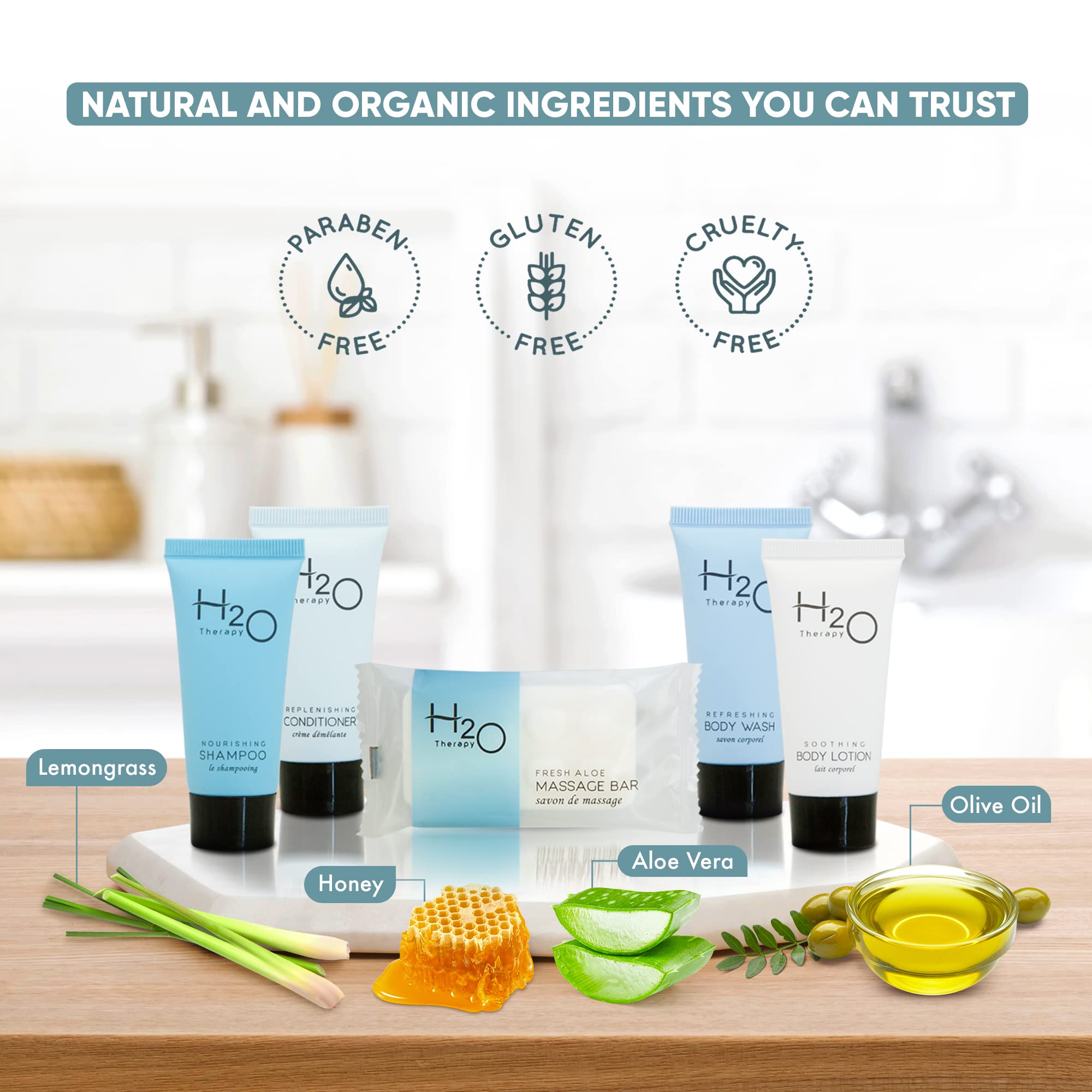 H2O Therapy Hotel Soaps & Toiletries Bulk Set - 300 Pieces Travel Size Amenities Kit with 0.85oz Shampoo, Conditioner, Body Wash, Lotion & 1oz Bar Soap | Perfect for Hotels, Spas, Travelers & Hospitality Businesses