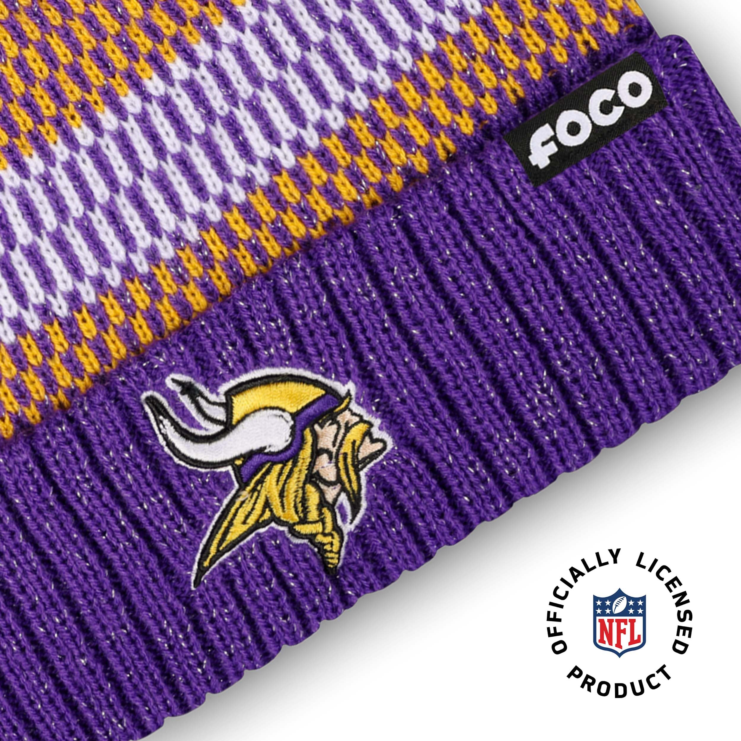 FOCO Women's NFL Team Logo Metallic Knit Pom Beanie Hat - Warm Winter Knit Cap for Football Fans - Perfect for Game Day, Outdoor Activities & Cold Weather Fashion