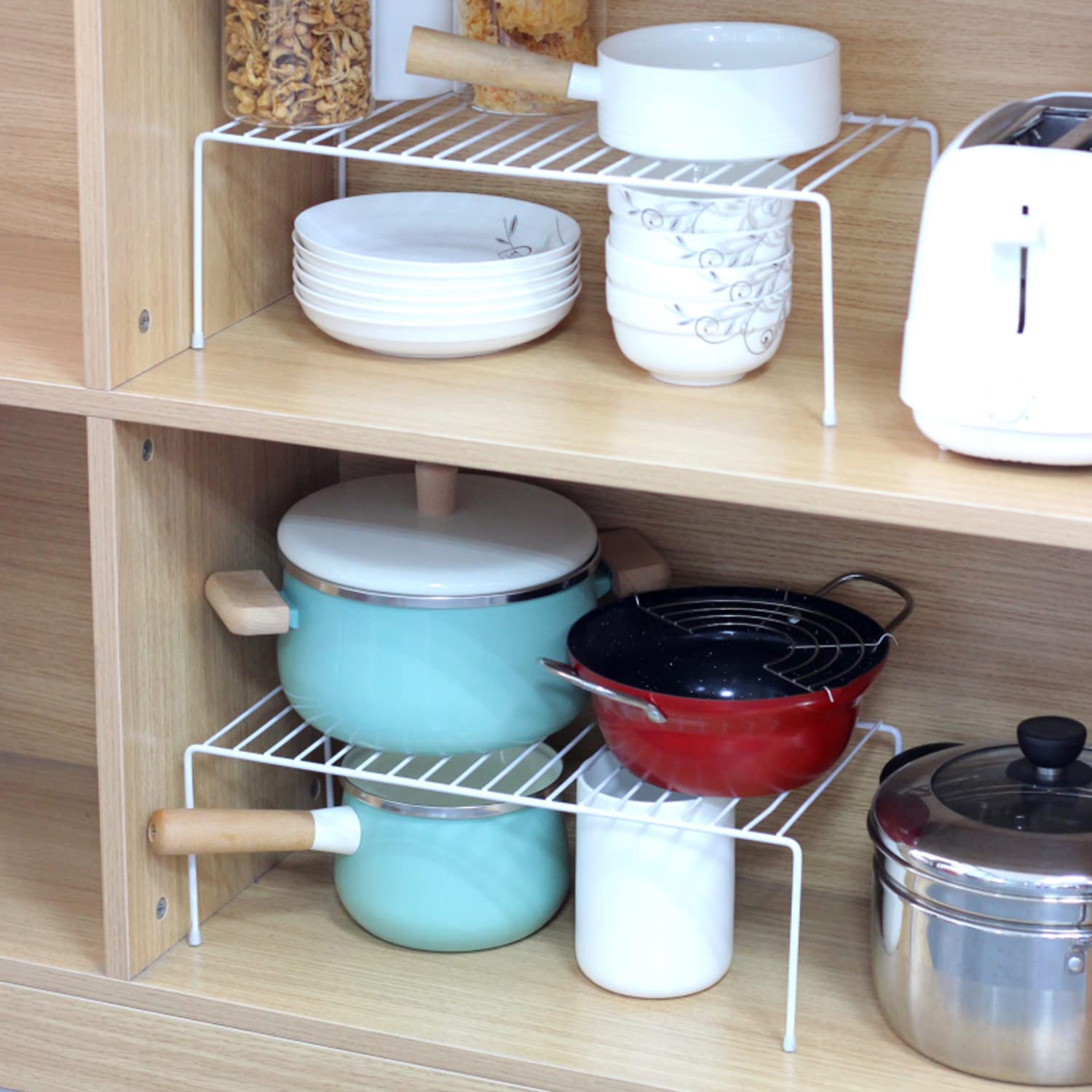 5-Pack Large Metal Wire Kitchen Cabinet Shelf Organizer Set (15.7 x 9.4 Inch) - Pantry Storage Shelves, Dish Plate Racks for Cabinets, Freezer, Counter & Cupboard - Perfect for Organizing Spices, Canned Goods & Kitchenware - White