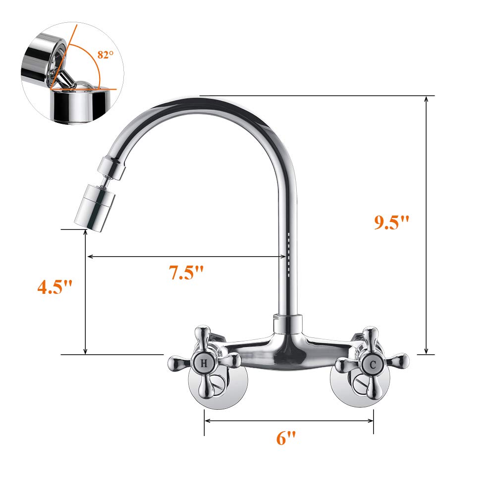 Upgraded 6 Inch Wall Mount Kitchen Sink Faucet with Cross Handles - Chrome Finish RULIA RB1026 - Perfect for Small Kitchens, Bathrooms & RV Sinks