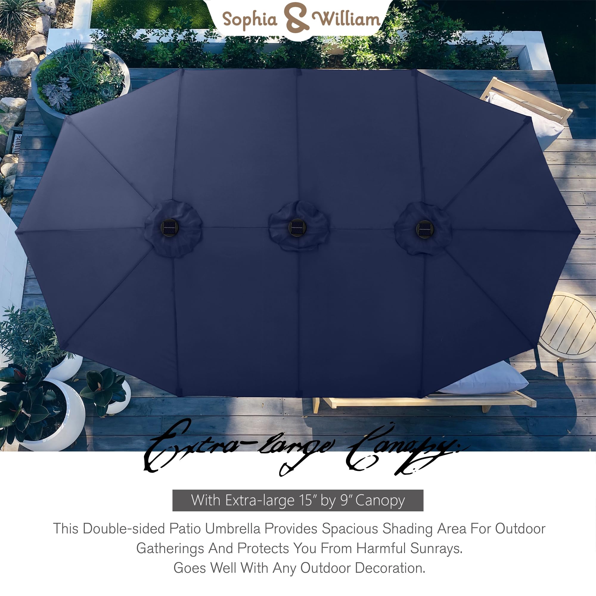 15 ft Extra Large Rectangular Outdoor Patio Umbrella with Solar Lights & Base - Heavy Duty Double-Sided Market Umbrella for Pool, Garden, Backyard - Navy Blue | Perfect for Outdoor Dining, Lounging & Summer Parties