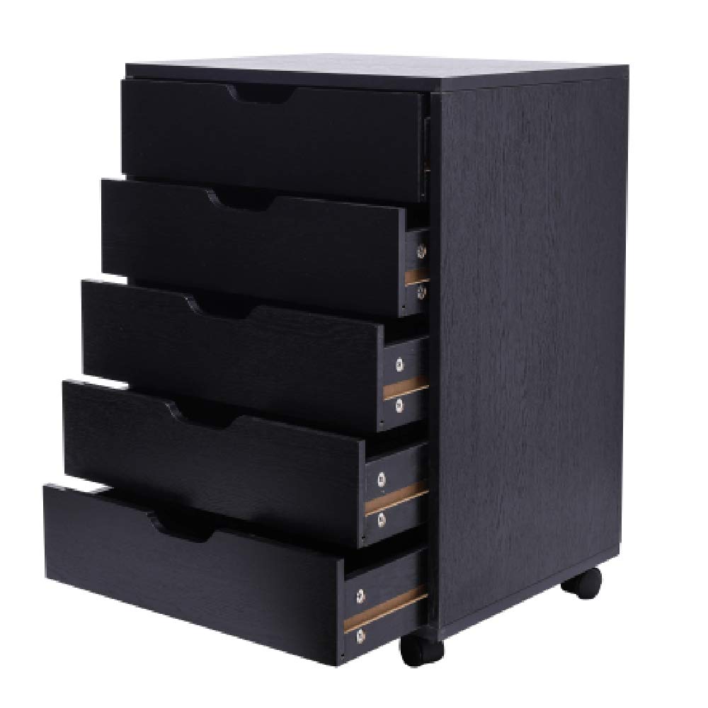 5-Drawer Mobile Wooden Filing Cabinet with Wheels - Vertical Storage Organizer for Home & Office - Black - Perfect for Documents, Files, and Office Supplies Storage
