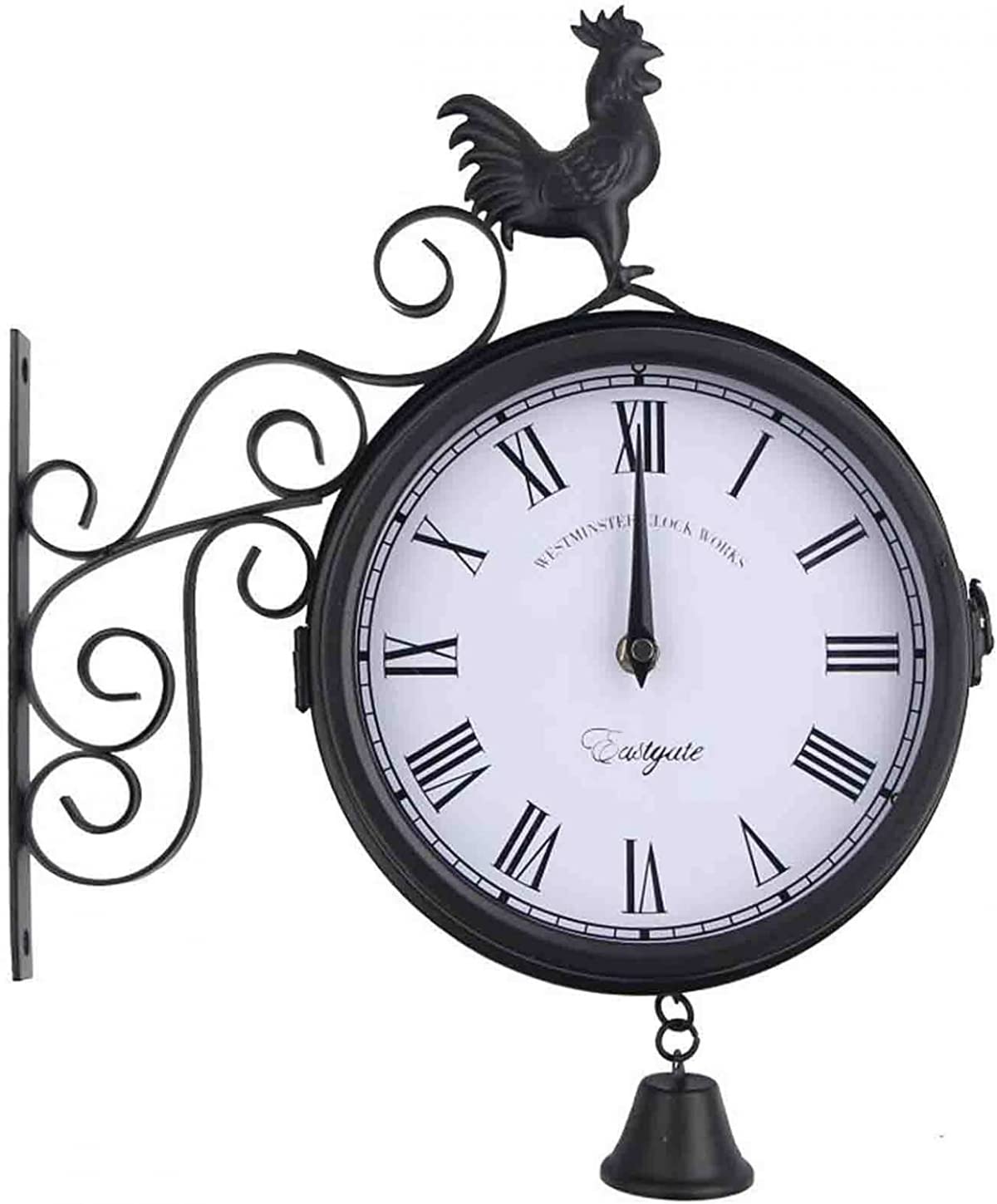 Vintage Wrought Iron Double-Sided Wall Clock with Cockerel Bell Design - Outdoor Garden & Indoor Home Decor - Unique Metal Hanging Clock for Patio, Living Room, and Farmhouse Style Spaces