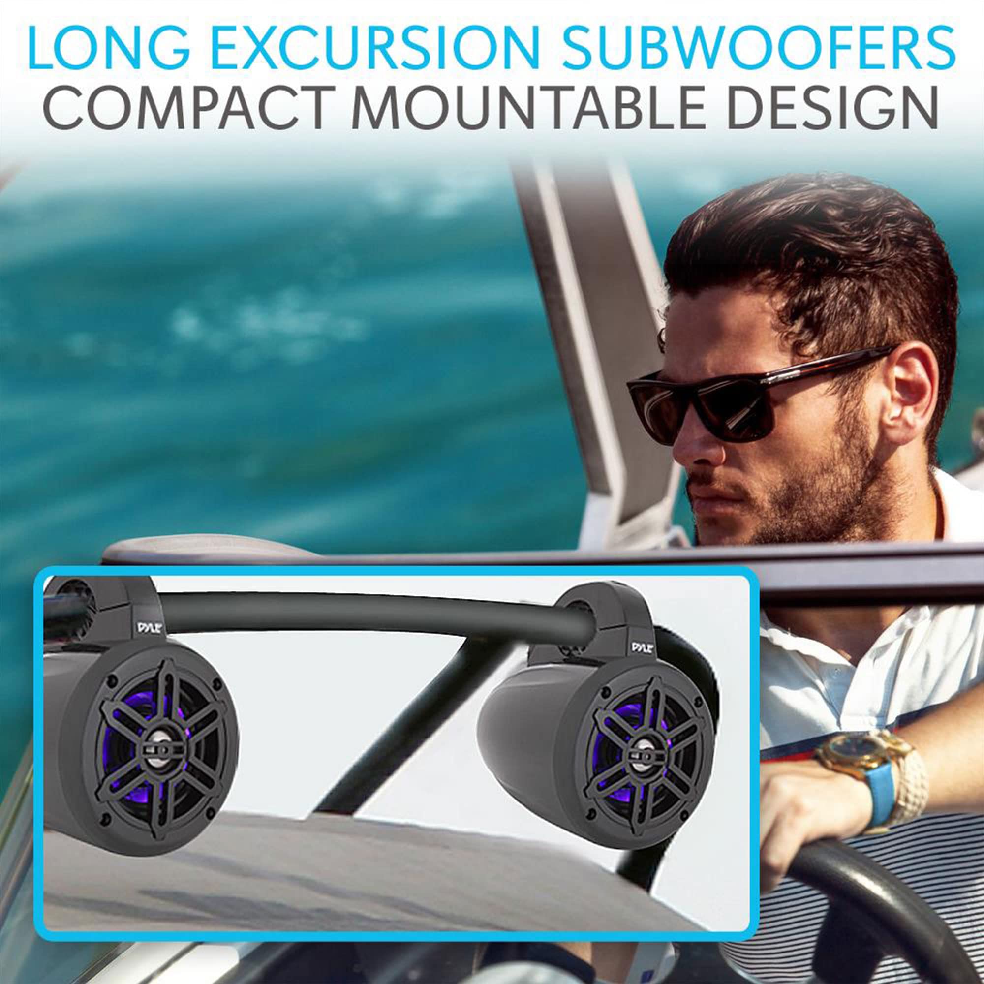 Pyle Waterproof Marine Wakeboard Tower Speakers - 4 Inch Dual Subwoofer Speaker Set w/LED Lights & Bluetooth for Wireless Music Streaming - Boat Audio System w/Mounting Clamps - Perfect for Wakeboarding, Boating, and Outdoor Water Sports