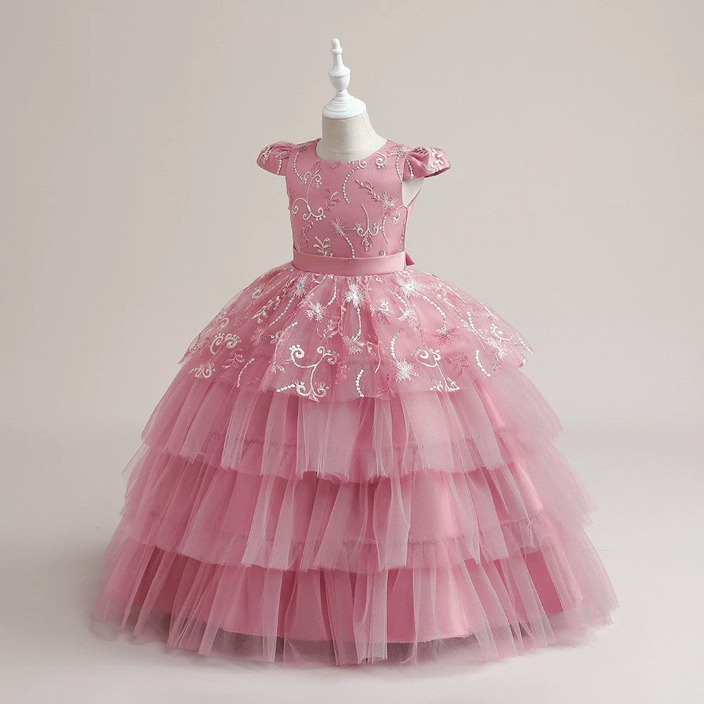 Pink Princess Round Floor Length Satin Flower Girl Dress for Weddings, Pageants & Special Occasions