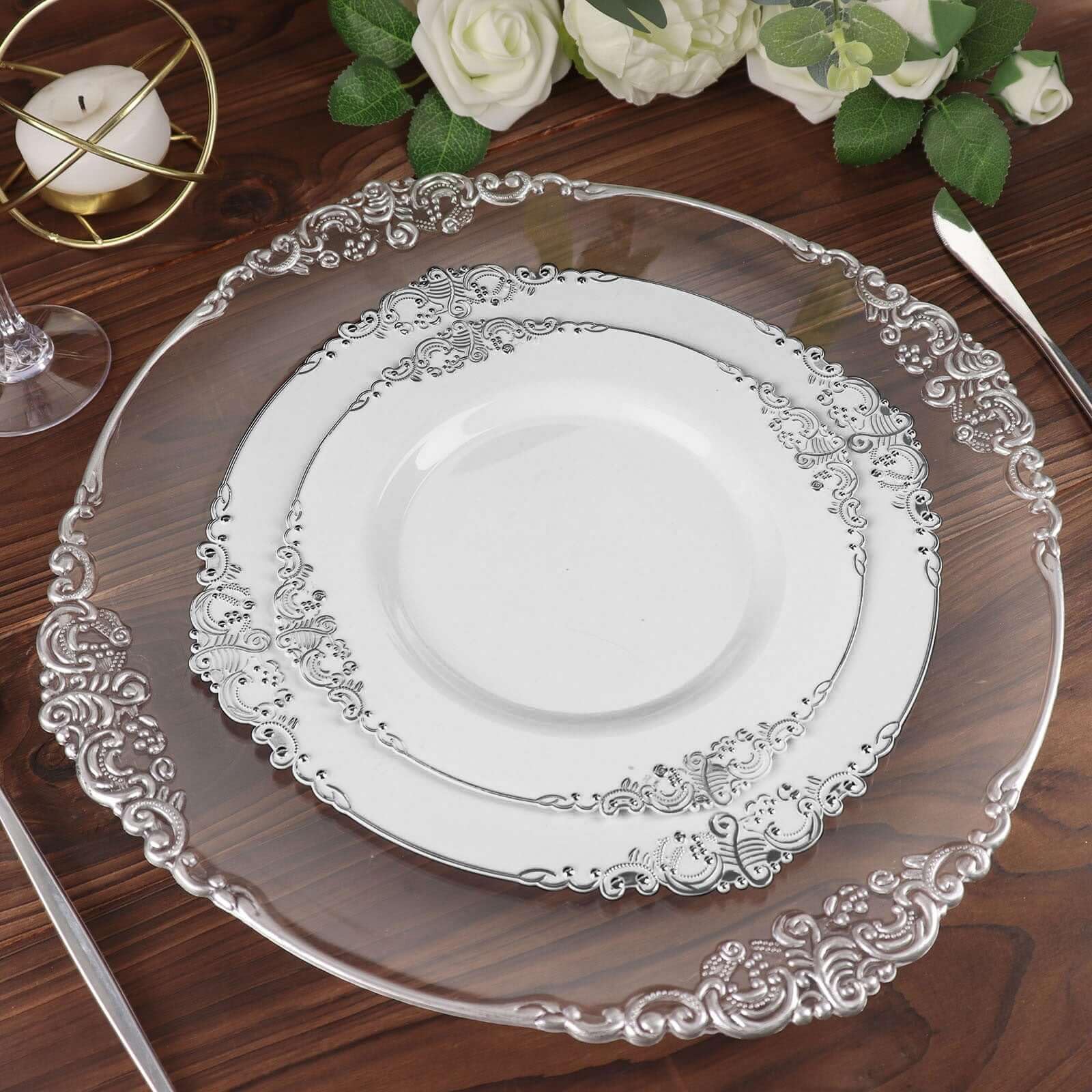 Efavormart 10 Pack White Silver Baroque 8 Inch Round Plastic Dessert Salad Plates - Disposable Elegant Tableware with Leaf Embossed Gold Rim for Parties, Weddings, and Special Events