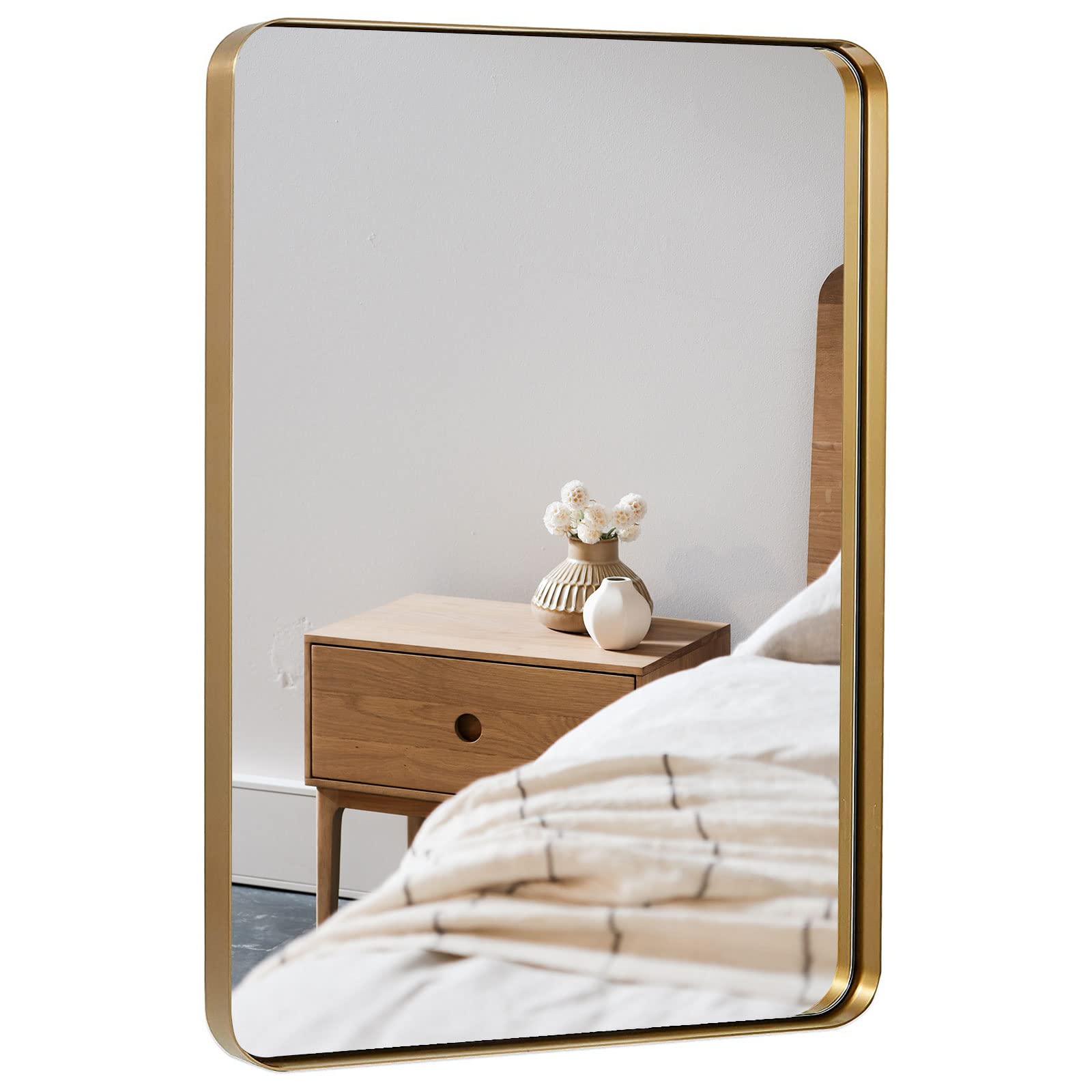 26x32 Inch Gold Rectangle Wall Mirror with Rounded Corners - Horizontal or Vertical Hanging Bathroom Vanity Mirror for Bedroom, Entryway & Living Room - Perfect for Makeup, Home Decor and Space Illusion