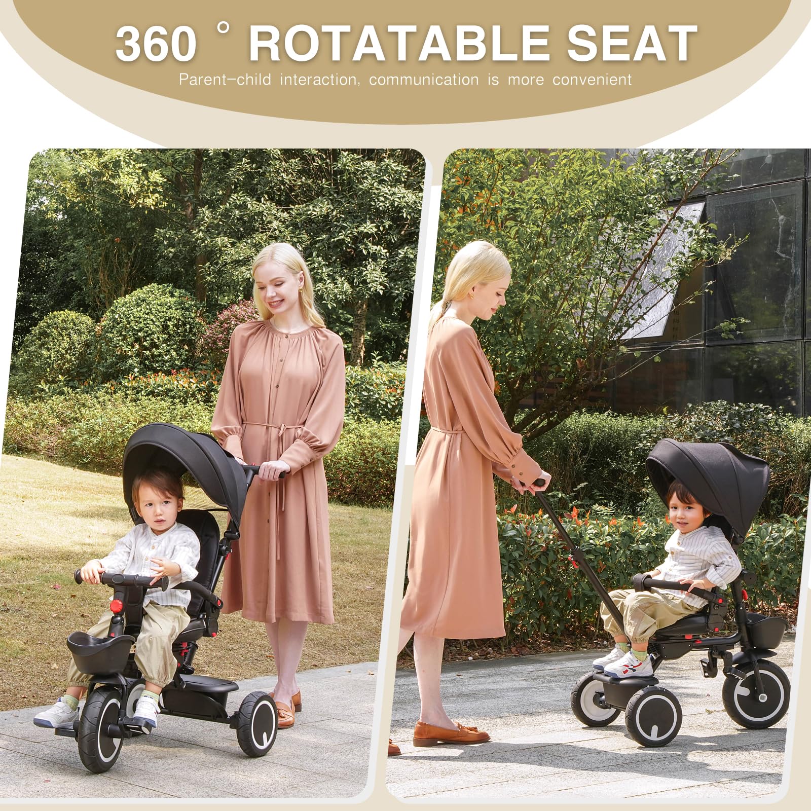 6-in-1 Foldable Baby Tricycle with Adjustable Canopy & Safety Harness - Convertible Toddler Trike for 7 Months to 5 Years Old Boys & Girls - Removable Push Handle, Rotating Seat & Storage Basket - Perfect for Outdoor Play, Park Rides & Learning Balance