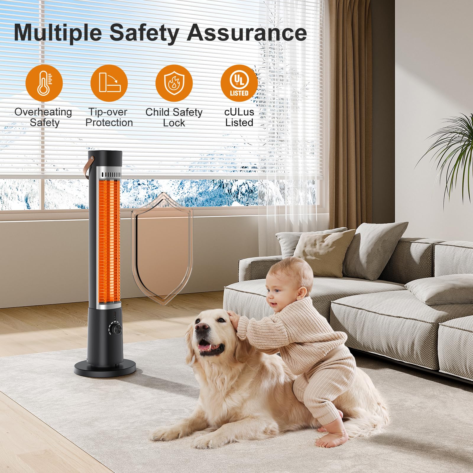 1500W Infrared Electric Heater for Patio & Indoor Use - Remote Control, 60° Oscillation, 9H Timer, 9 Heat Levels - Overheating & Tip-Over Protection with Safety Lock - Perfect for Garage, Porch, Gazebo, Living Room & Office