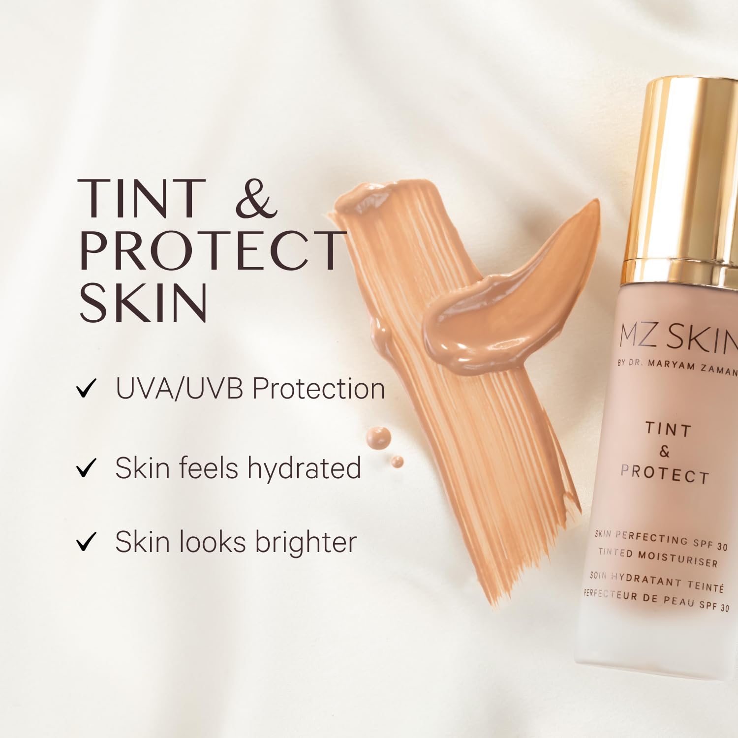 MZ SKIN Tint & Protect SPF 30 Tinted Moisturizer with Vitamin C, Hyaluronic Acid & Kahai Nut Oil - Hydrating, Plumping Tinted Sunscreen for Face (1.01 fl oz/30ml) | Perfect for Daily Sun Protection & Natural Makeup Look