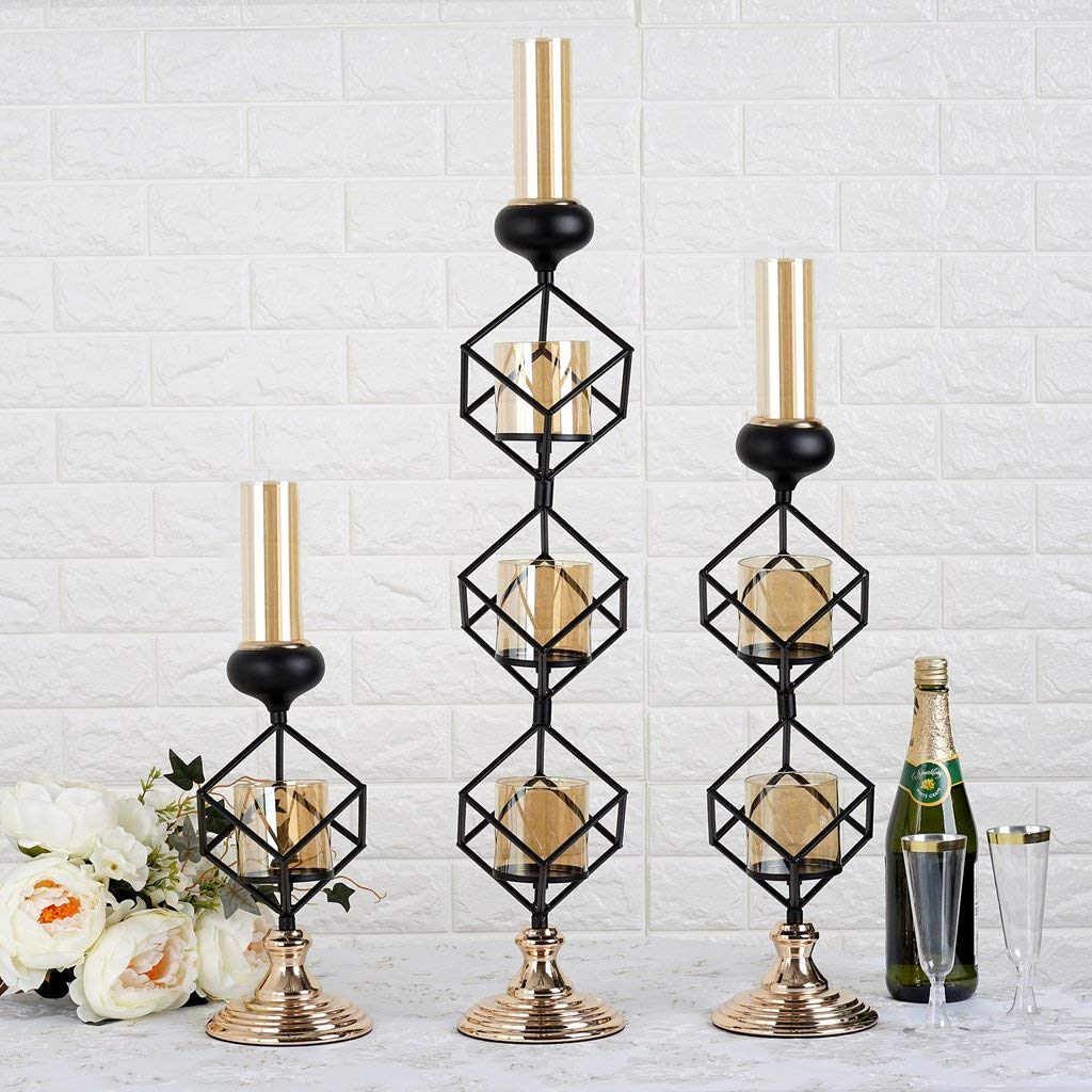 28-Inch Black Gold Geometric Cube Glass Tealight Candle Holders - Modern Home Decor for Wedding, Party, and Centerpiece Displays - Perfect for Romantic Dinners, Holiday Decor, and Tabletop Arrangements