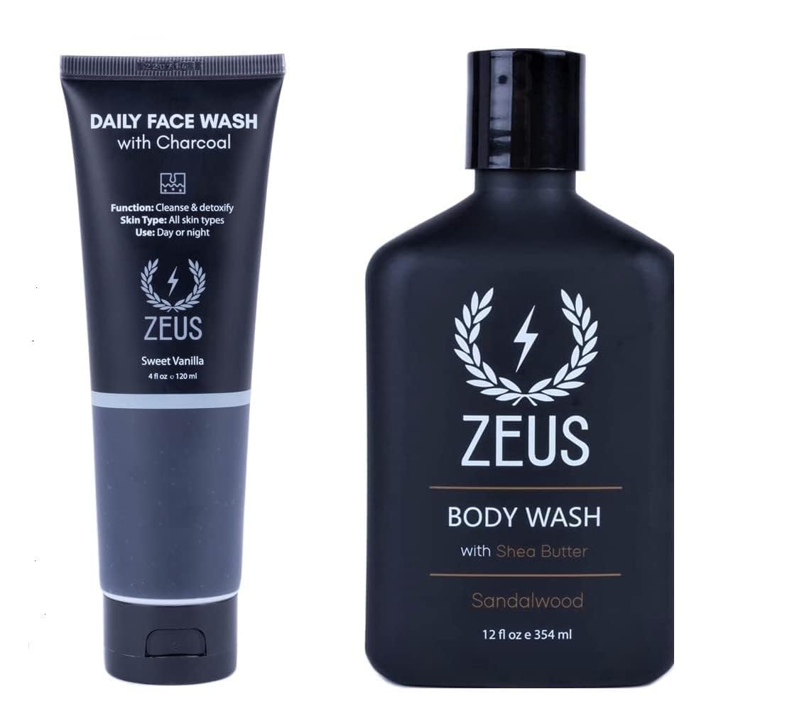 ZEUS Charcoal Face Wash & Shea Butter Body Wash Bundle - Deep Cleansing for Acne & Moisturizing for Dry Skin | Perfect for Daily Skincare Routine & Gym Shower