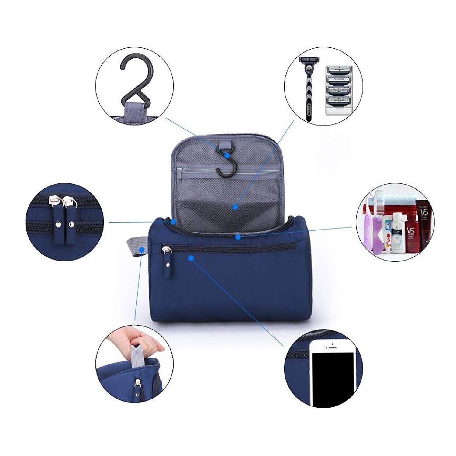 PARATPAR MALL Large Travel Makeup Bag with Hook - Waterproof Cosmetic Organizer Pouch for Women, Multi-Purpose Grooming Kit (16x25x14cm) - Perfect for Travel, Gym, Home & Office Organization