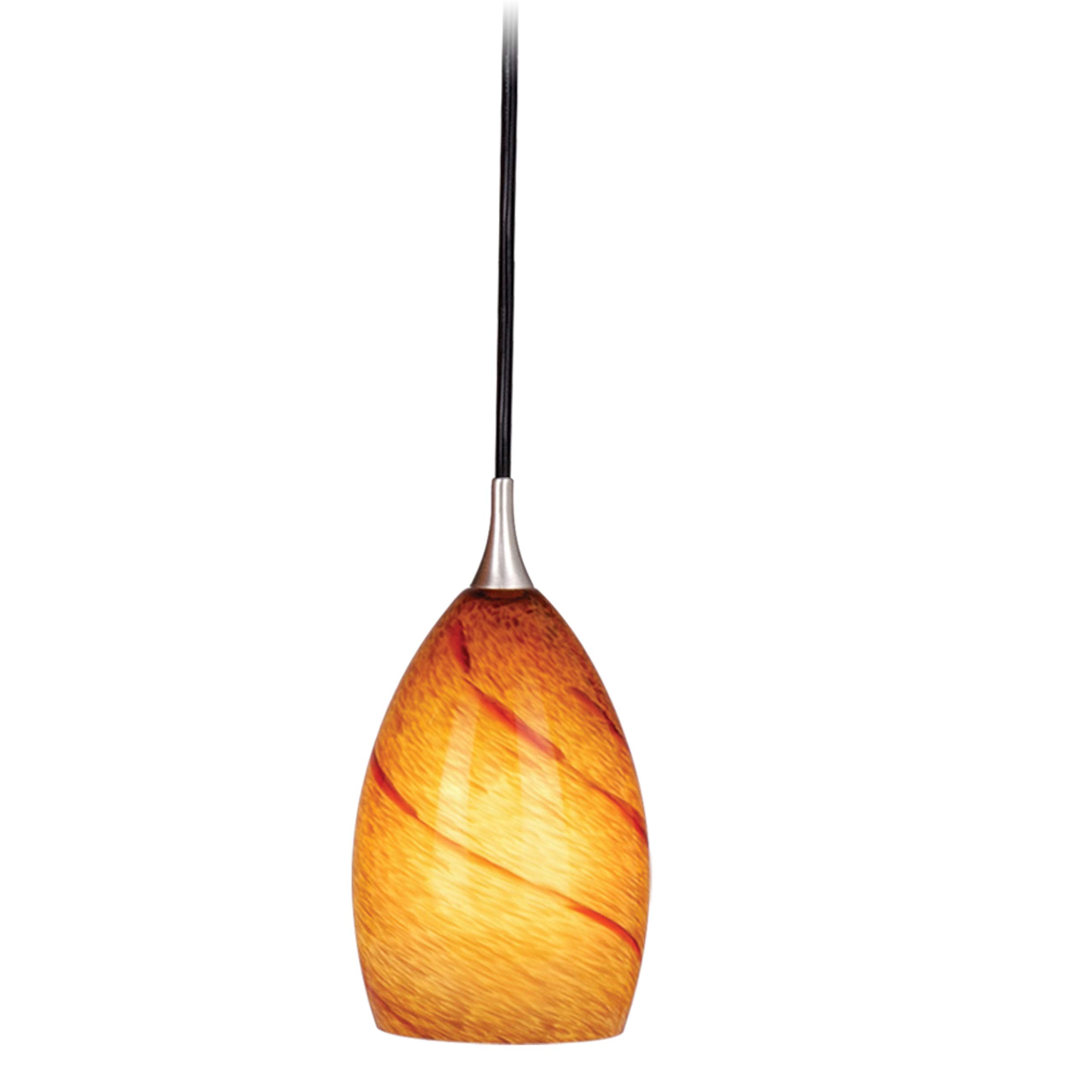 VAXCEL Milano Satin Nickel Mini Pendant Ceiling Light with Amber Red Glass Shade - Modern Dining Room, Kitchen Island & Bedroom Lighting Fixture