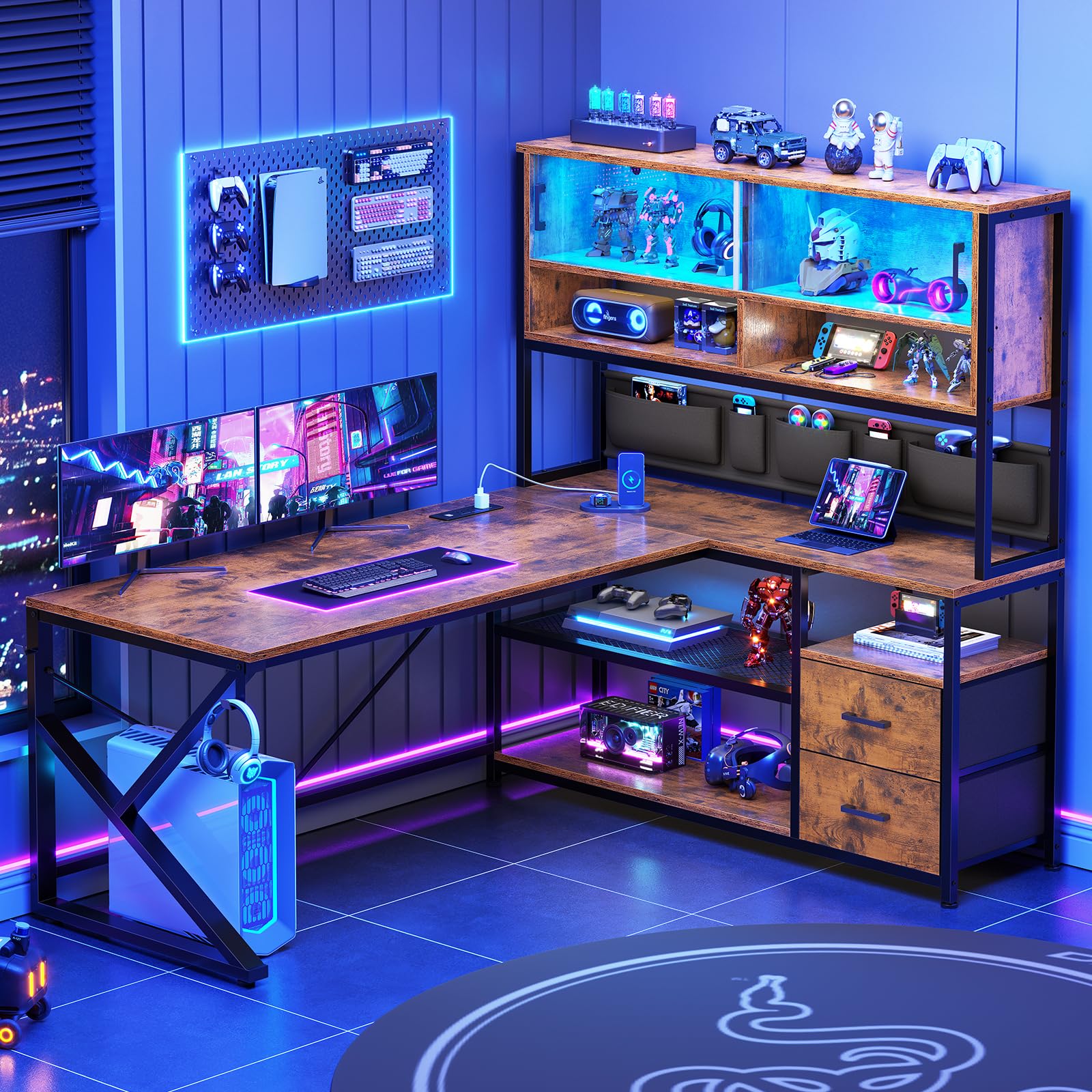 SEDETA L-Shaped Computer Desk with LED Light, 2 Drawers & Bookshelf - Home Office Gaming Desk with Glass Cabinet, Storage Bag & Shelves - Rustic Brown Corner Desk for Small Spaces & Workstations