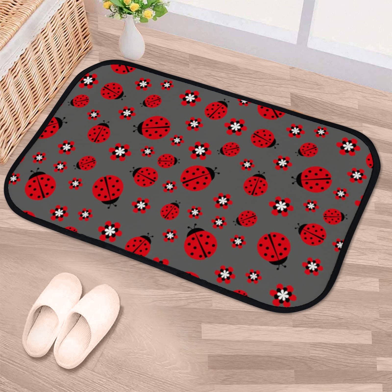 Soft Foam Non-Slip Washable Area Rug with Red Flower & Ladybug Design - 36x24 Inch Indoor/Outdoor Kitchen & Bathroom Mat for Home Decor - Perfect for Entryways, Laundry Rooms, and Pet Areas