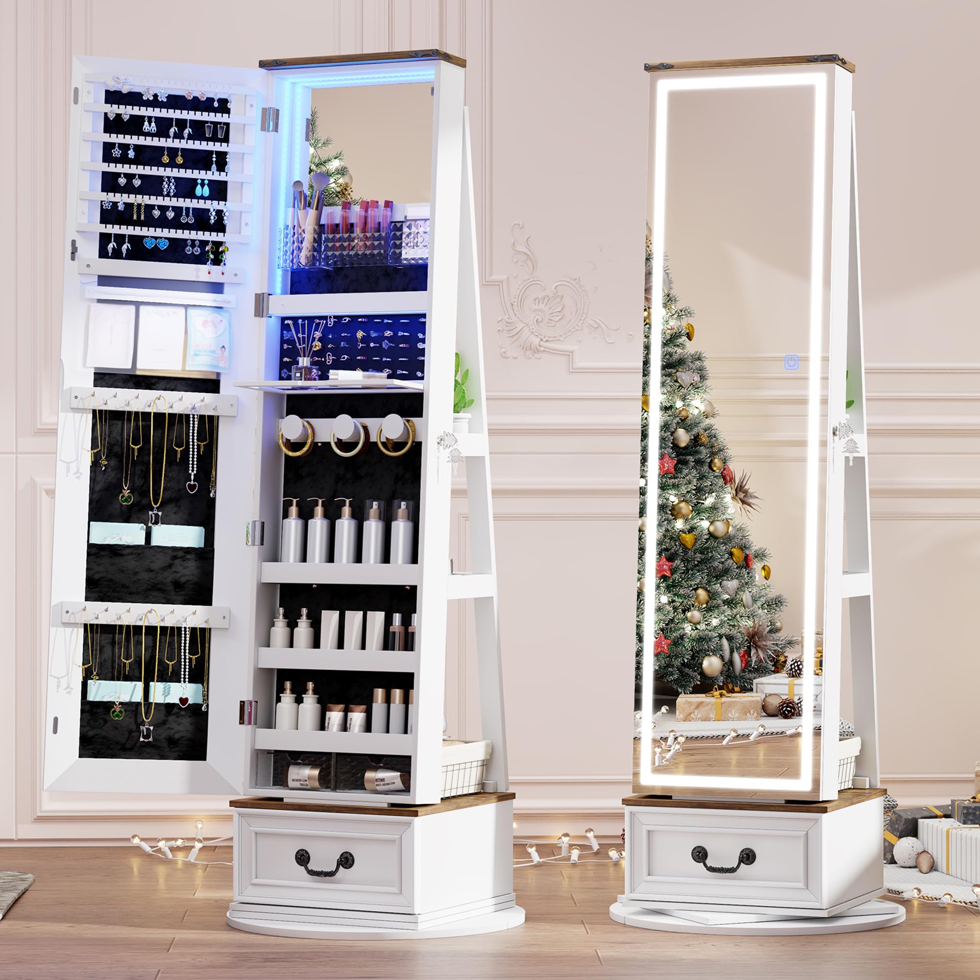 LVSOMT LED Mirror Jewelry Cabinet Standing - 360° Swivel Jewelry Armoire with Full Length Mirror & Storage, Large Wooden Drawer Organizer for Necklaces, Rings, Earrings - Perfect Christmas Gift for Women (Farmhouse White) | Bedroom Vanity, Closet Organization, Dressing Room Decor