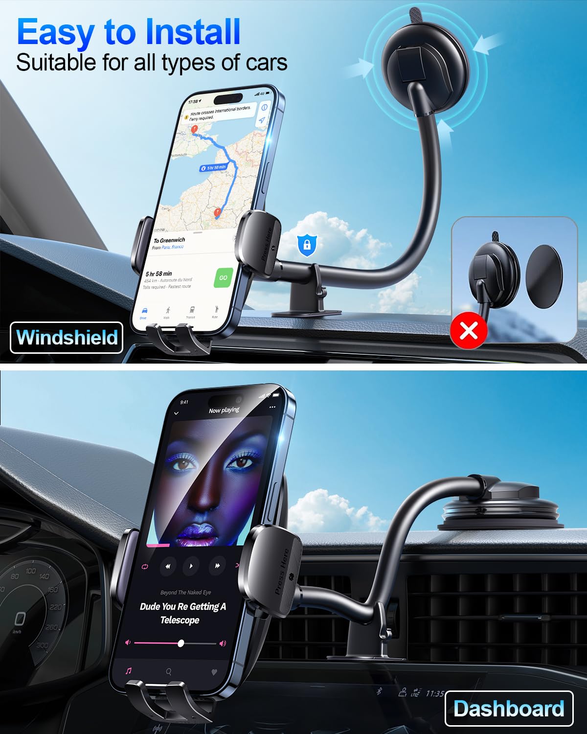 Premium Car Phone Holder - Flexible Long Arm & Anti-Shake Dashboard & Windshield Mount for iPhone & Android Smartphones | Perfect for GPS Navigation, Hands-Free Calls & Road Trips