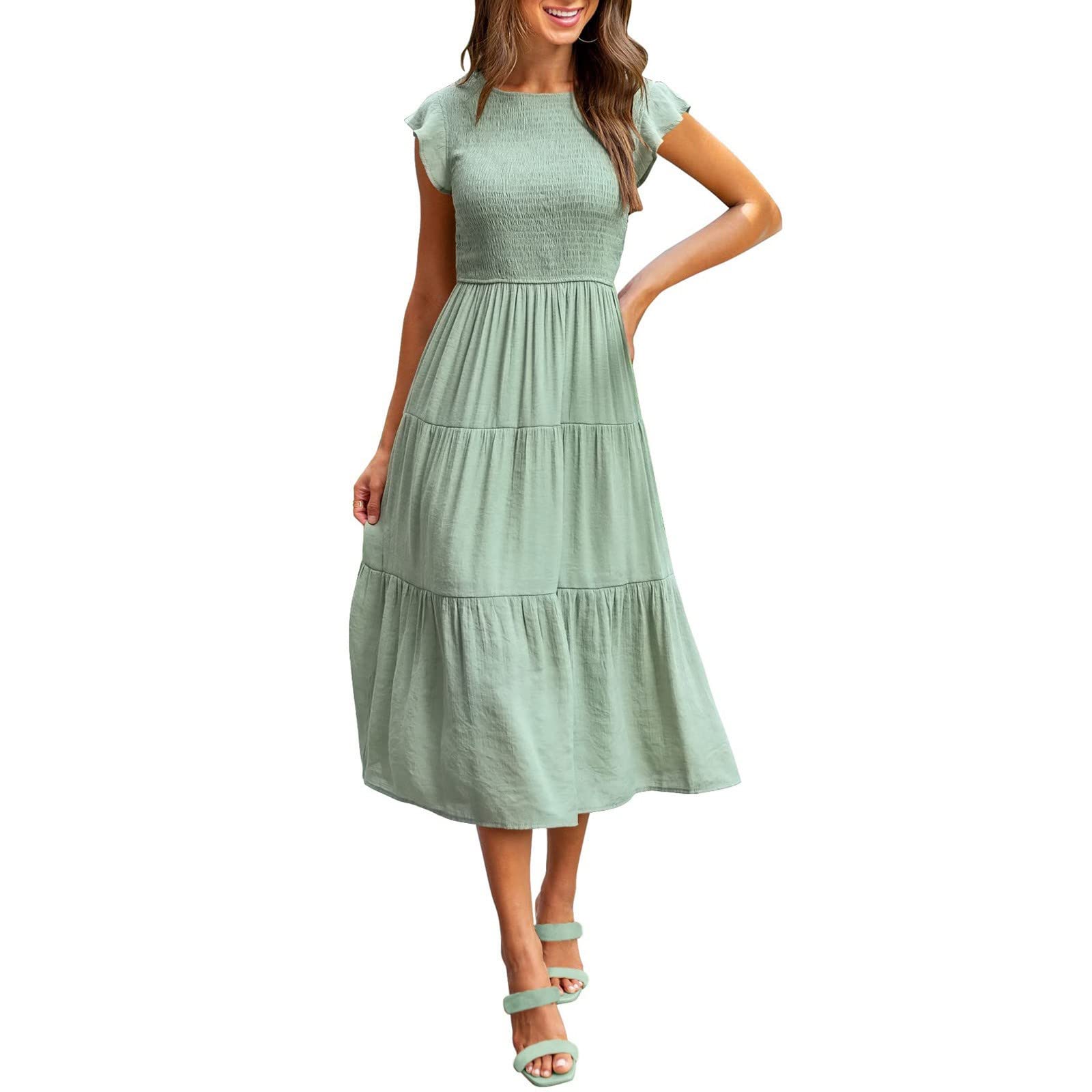BRADEM Women's Summer Casual Flutter Short Sleeve Smocked Tunic Dress - Wedding Guest, Party, Church & Special Occasion Outfit