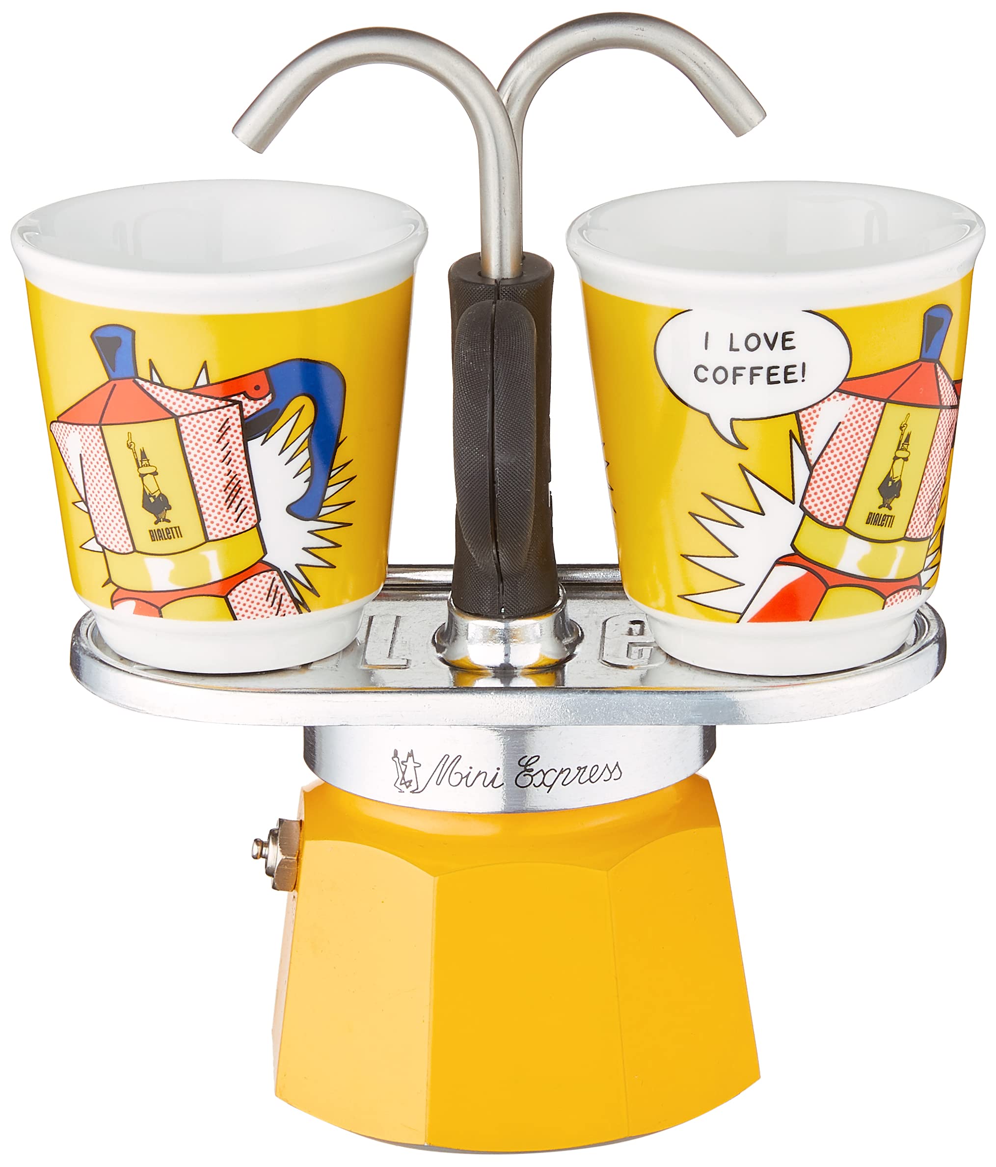 Bialetti Mini Express Moka Pot 2-Cup (2.8 Oz) Aluminum Stovetop Espresso Maker with 2 Shot Glasses - Yellow - Perfect for Home, Office & Camping Coffee Brewing
