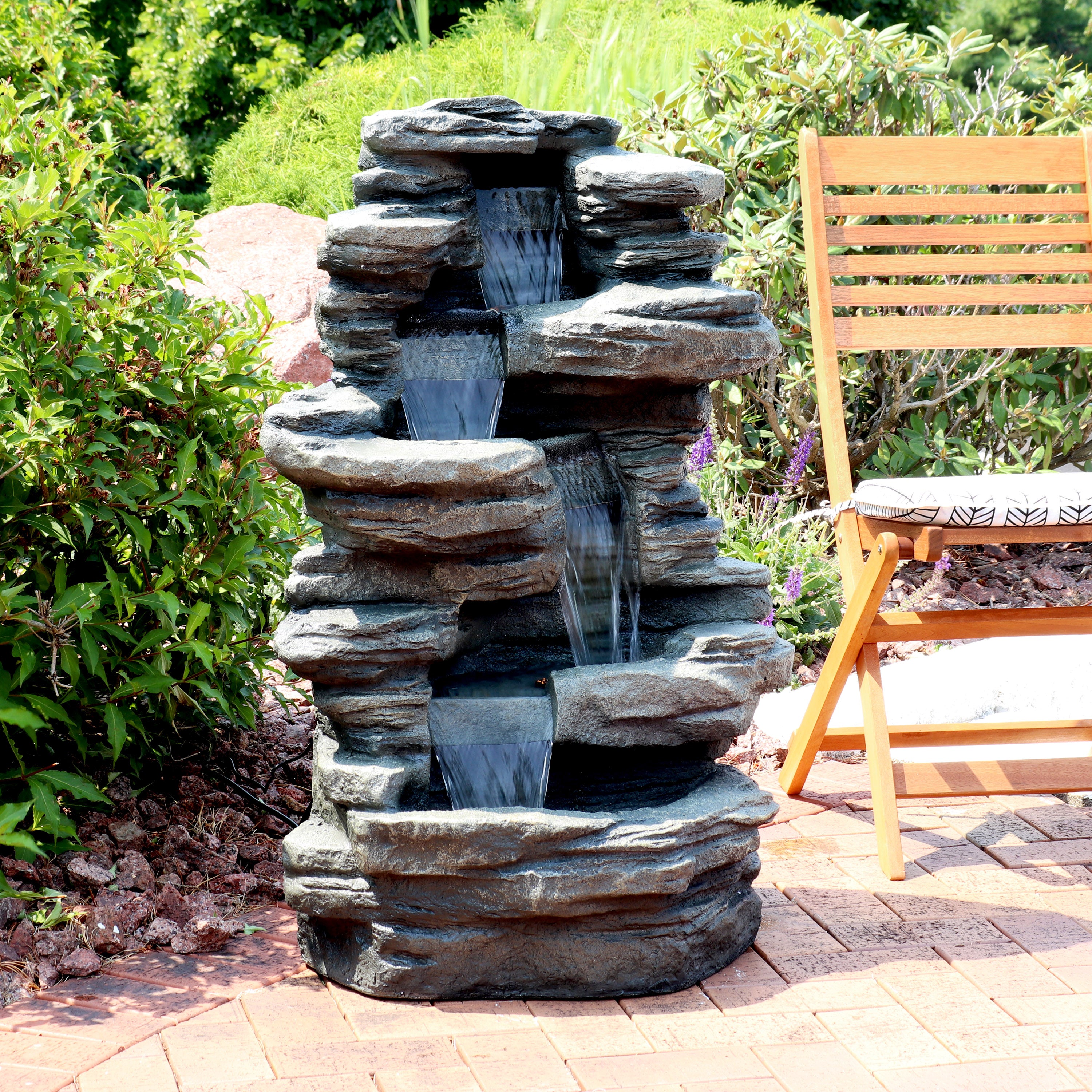 Sunnydaze Stacked Shale Outdoor Rock Waterfall Fountain with LED Lights - 38