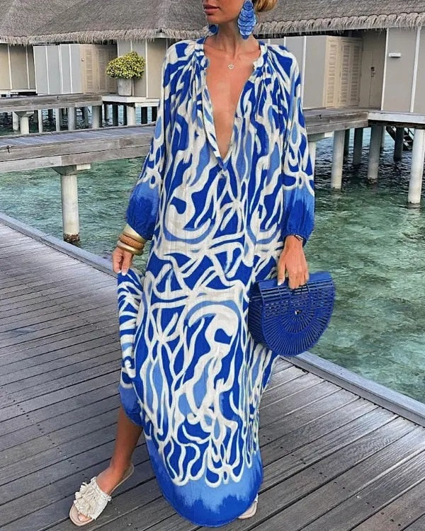Lovevop Women's Sexy Casual Long Sleeve Maxi Dress - Abstract Print Round Neck Lantern Sleeve Loose Shirt Dress for Fall/Winter | Perfect for Date Night, Party, Office Wear & Holiday Outfits