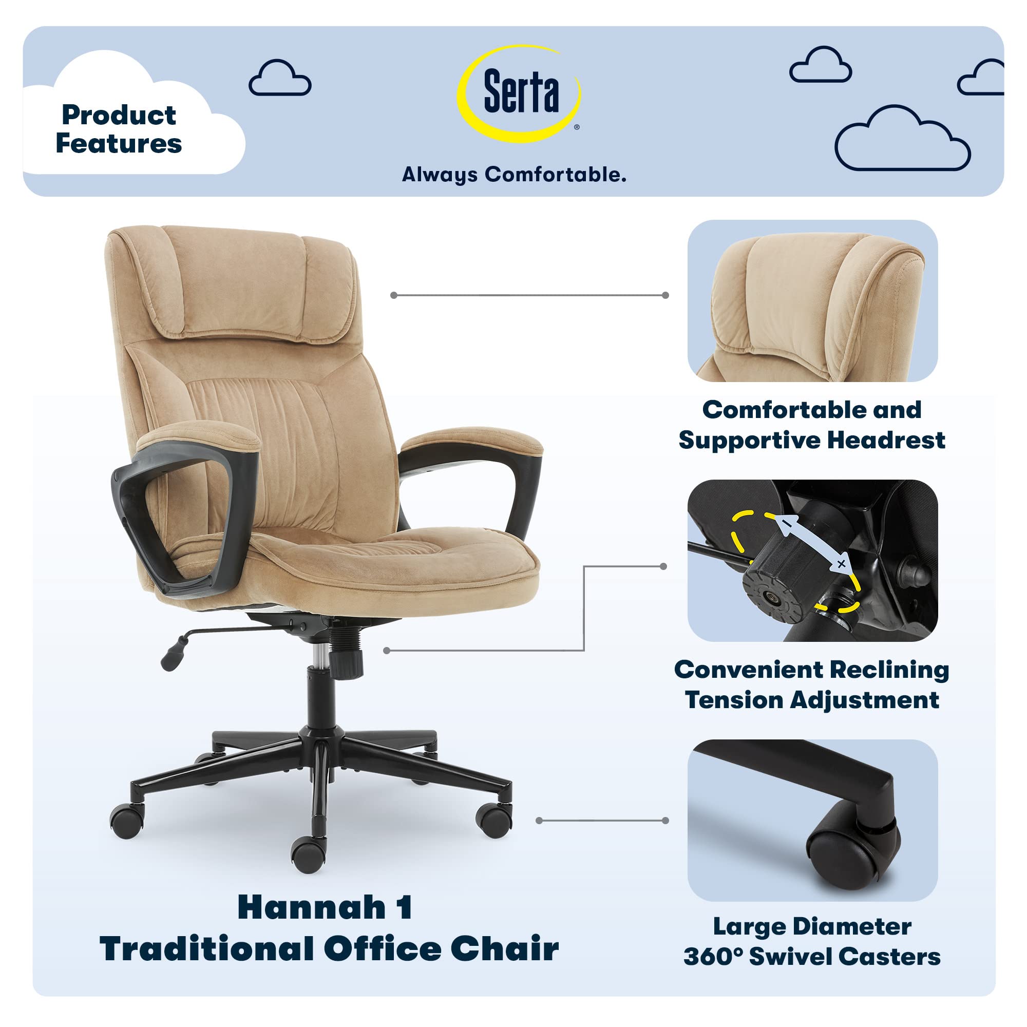 Serta Hannah Executive Home Office Desk Chair - Ergonomic Mid-Back with Lumbar Support, Firm Seat Cushion, Padded Armrests & Swivel Base - Comfortable Computer Chair for Work from Home, Gaming & Study - Easy Assembly Microfiber Beige Chair