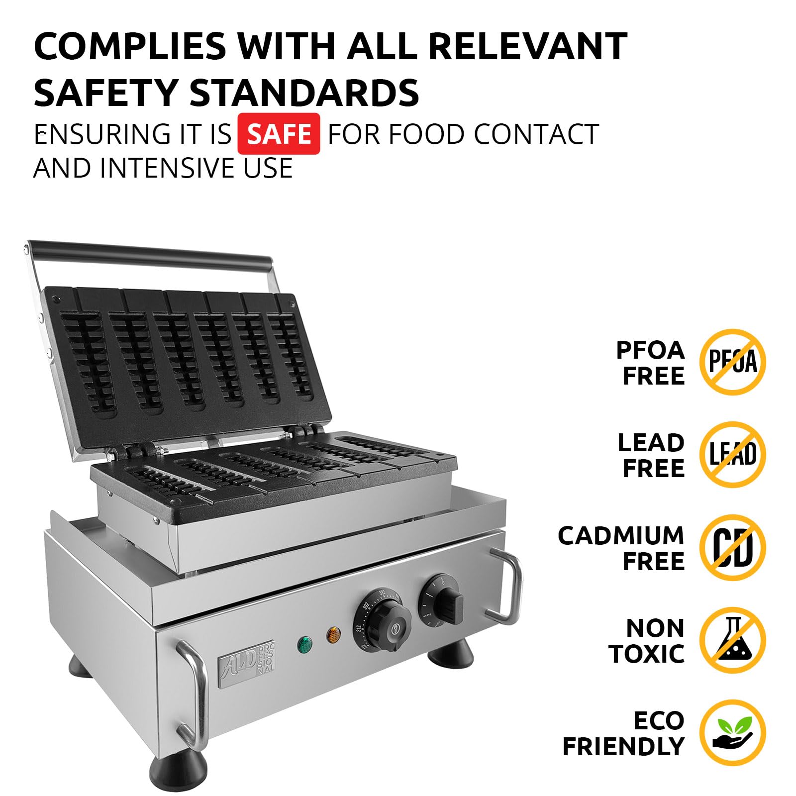 ALDKitchen Commercial Waffle Stick Maker - 110V Nonstick Stainless Steel Waffle Iron for 6 Mini Waffles - Perfect for Breakfast, Snacks, Cafes & Food Trucks