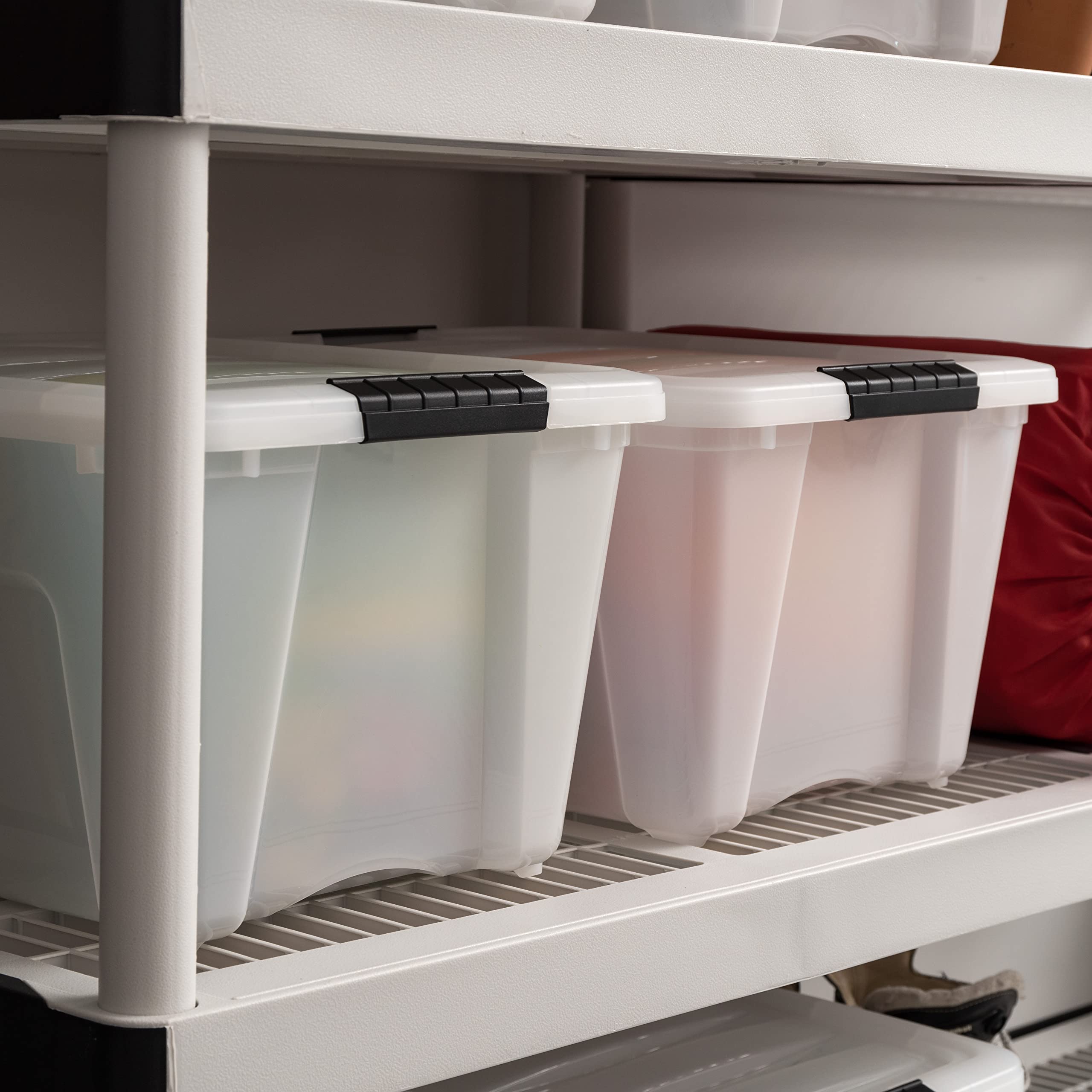 IRIS USA 32 Qt Stackable Plastic Storage Bins with Lids, 4 Pack - BPA-Free, Made in USA - Durable Nestable Containers with Secure Pull Handles & Latches - Perfect for Home Organization, Closet Storage, and Garage Shelving