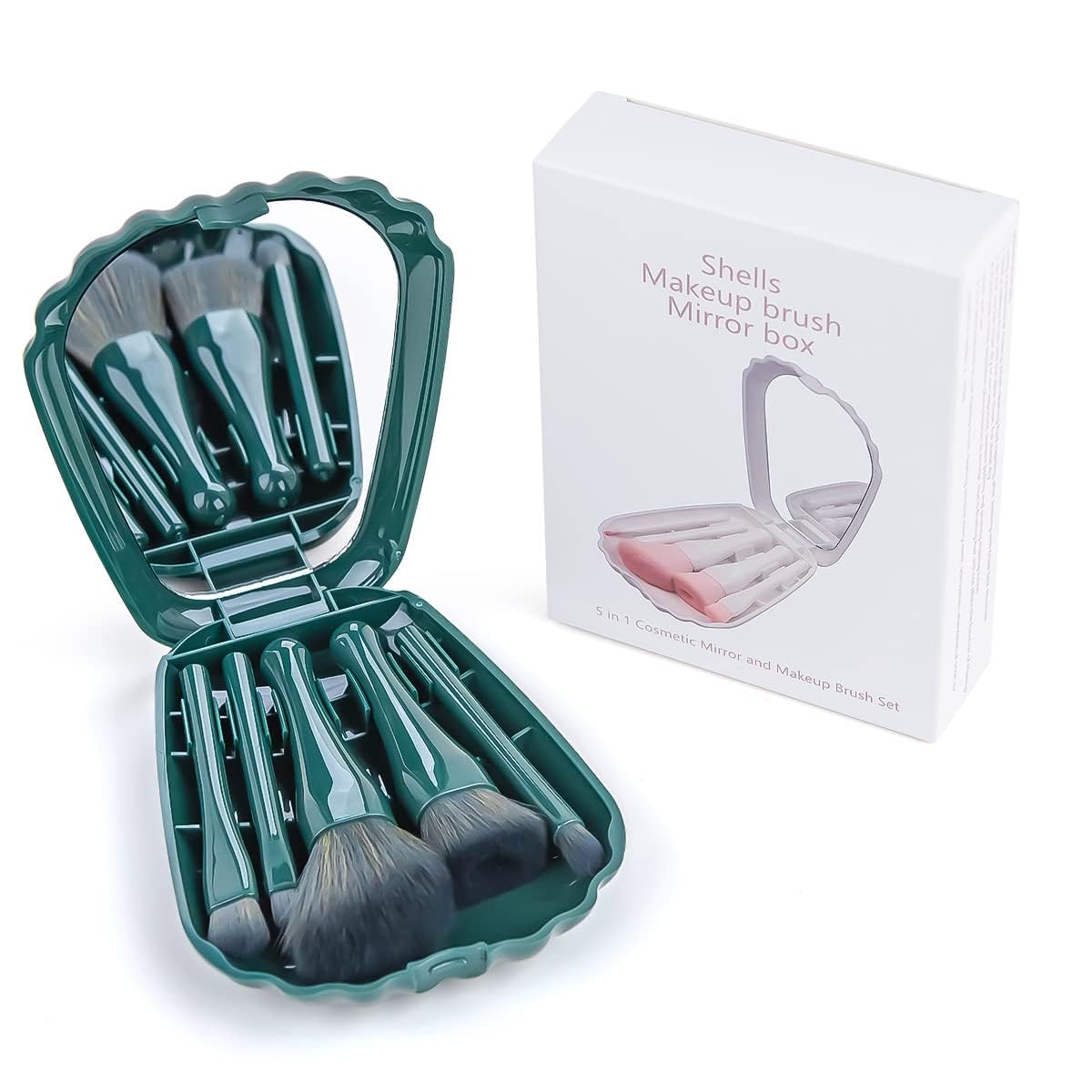 **Kamini Enterprise 5-Piece Mini Makeup Brush Set - Travel-Friendly Foundation & Eyeshadow Brushes with Mirror (Dark Green) - Perfect for On-the-Go Touch-Ups & Professional Makeup Application**