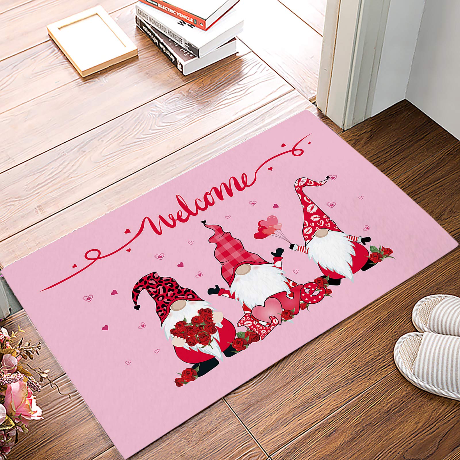 Valentine's Day Welcome Doormat - Funny Gnome Design Non-Slip Entrance Mat for Kitchen, Bathroom, Living Room - 16x24 Inch Pink Heart Door Mat - Perfect for Valentine's Gift, Home Decor & Romantic Surprises