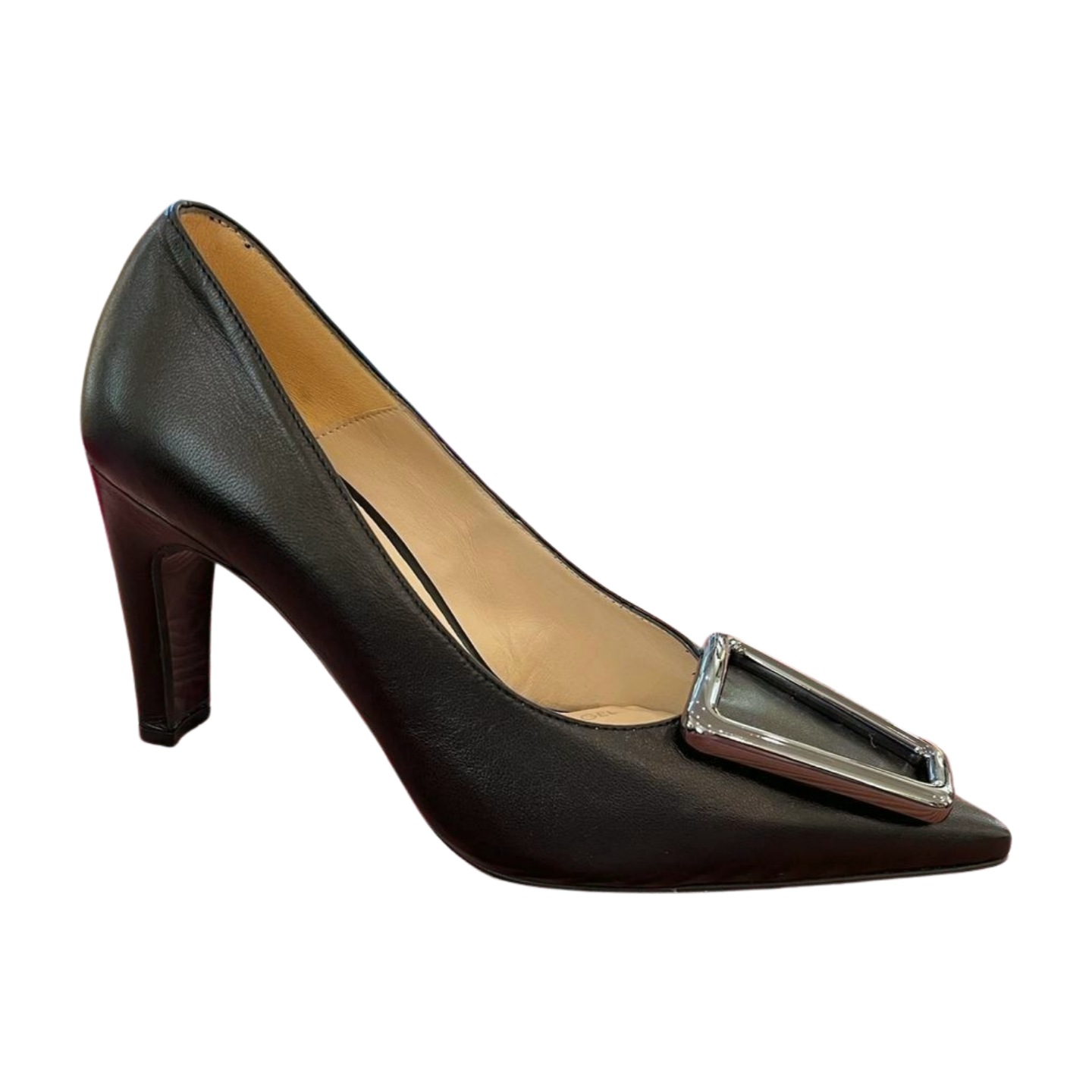 MARIAN Black Leather Pointed Toe Court Shoes with Pewter Buckle - Elegant Women's Dress Pumps for Office, Wedding & Formal Occasions